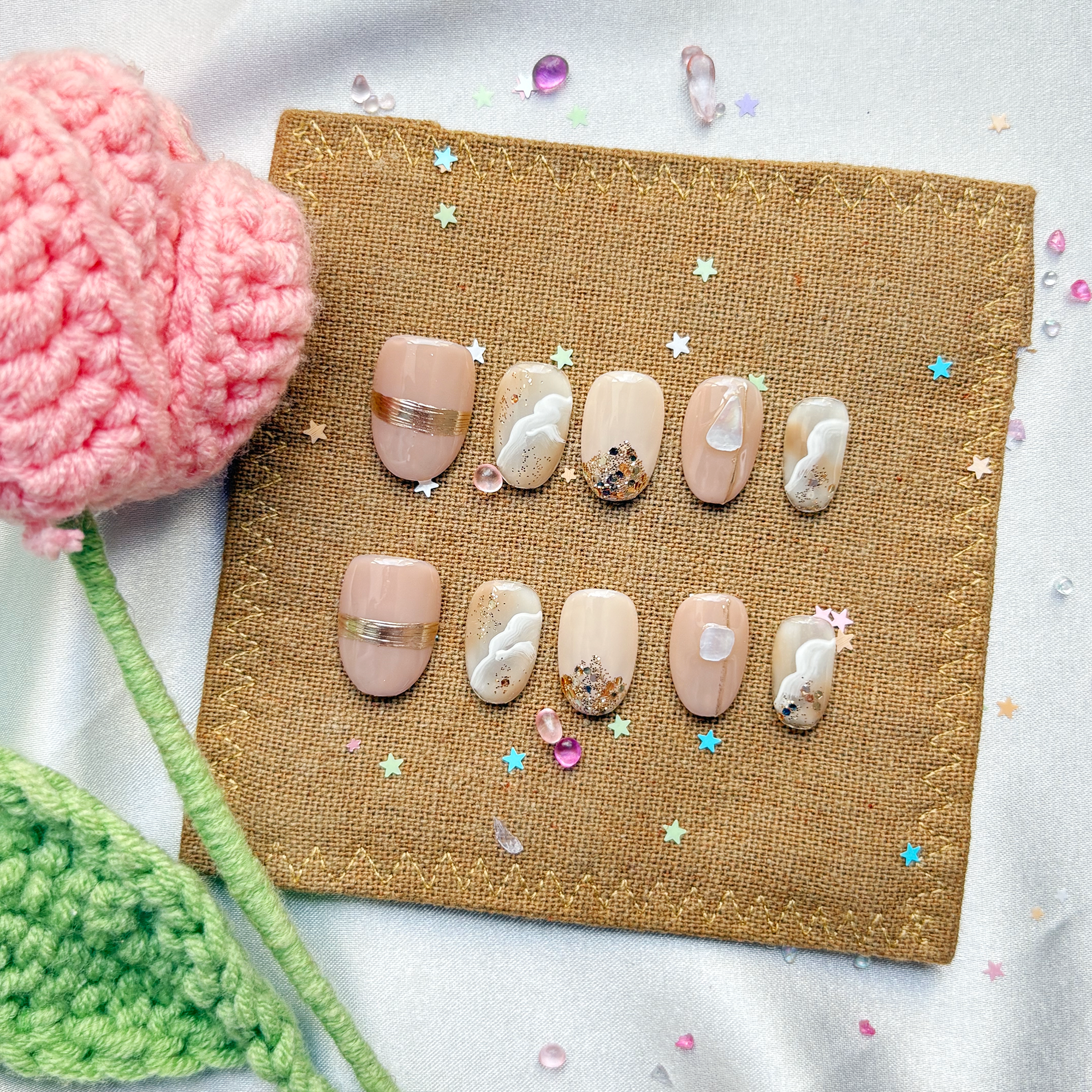 Custom Press-On Nails – Personalized Marble with Gold Glitter & Cat Eye Accents | Wynzy Pops Nails