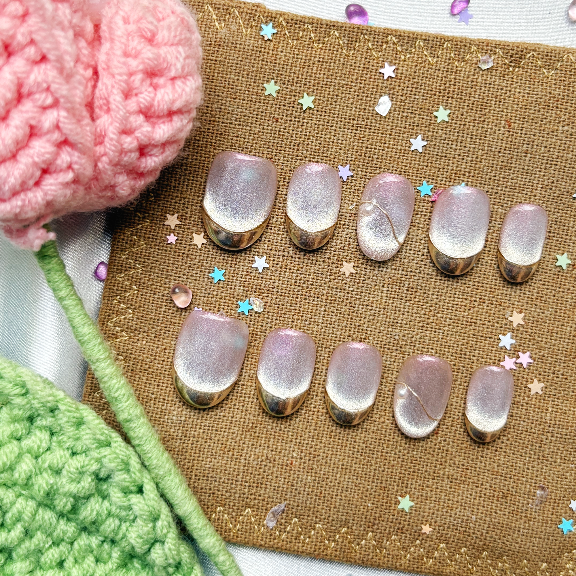 Personalized Pink French Tip Press On Nails – Gold Cat Eye & Galaxy Nail Art | Wynzy Pops Nails