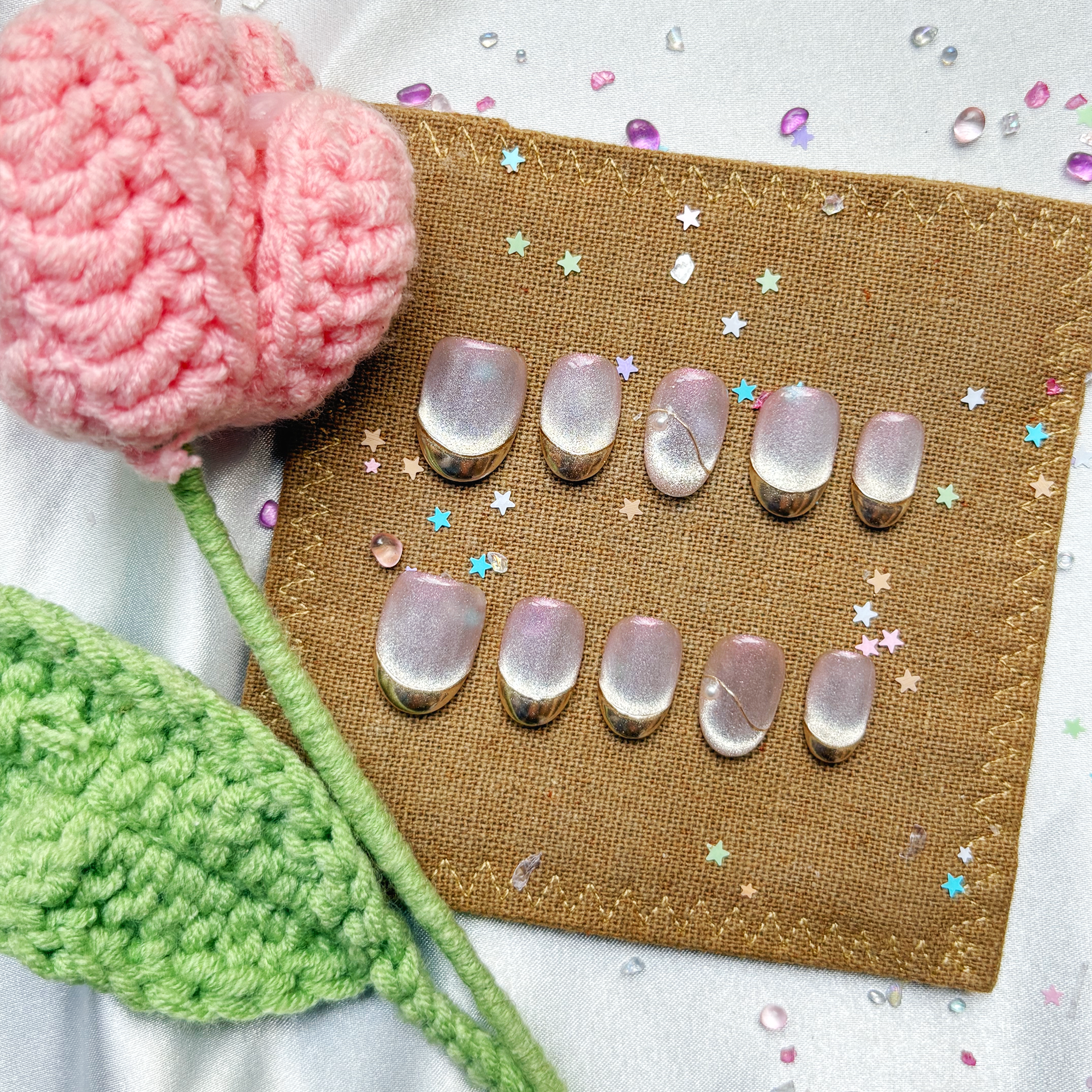 Personalized Pink French Tip Press On Nails – Gold Cat Eye & Galaxy Nail Art | Wynzy Pops Nails