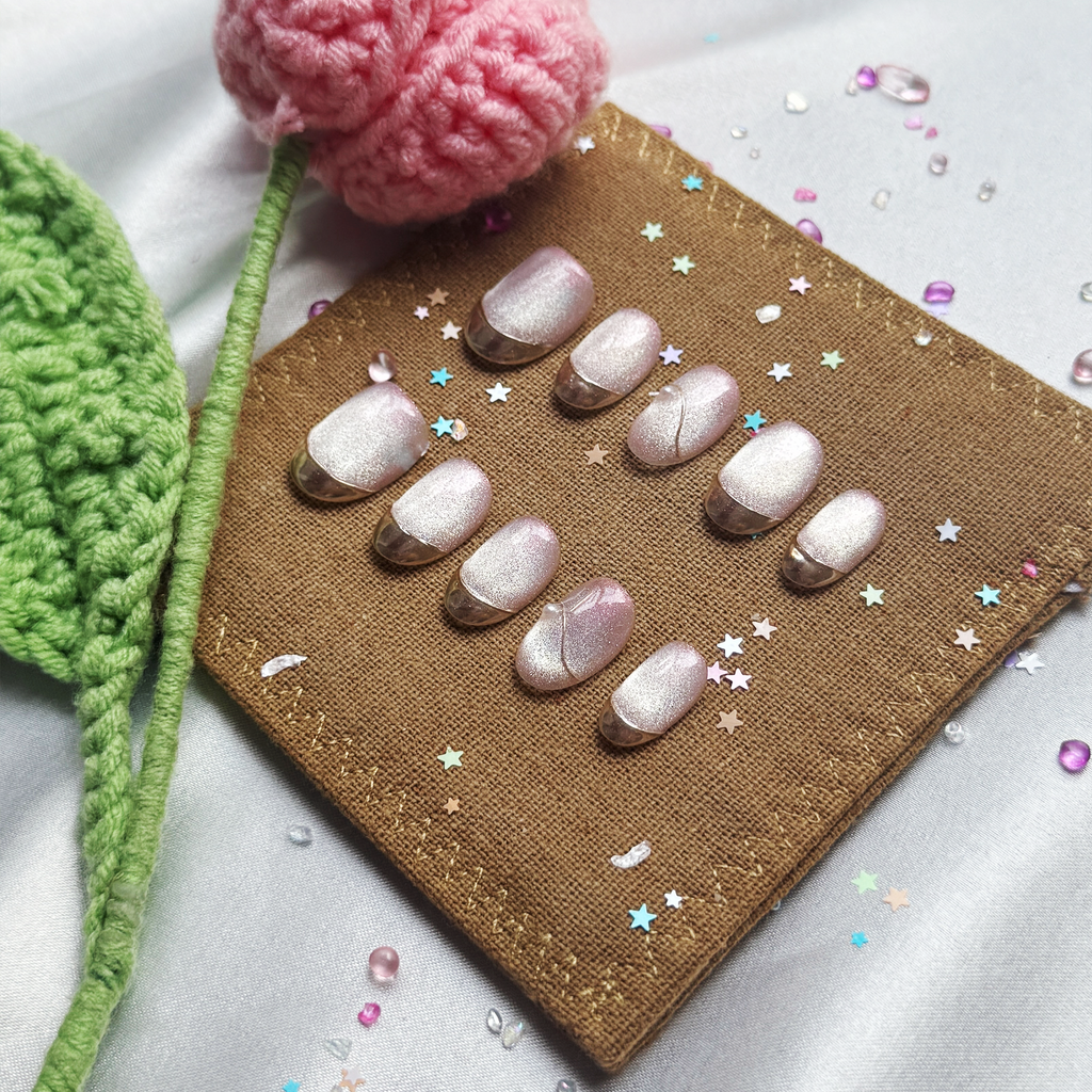 Personalized Pink French Tip Press On Nails – Gold Cat Eye & Galaxy Nail Art | Wynzy Pops Nails