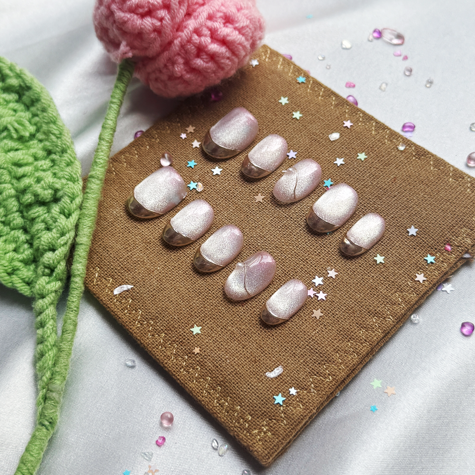 Personalized Pink French Tip Press On Nails – Gold Cat Eye & Galaxy Nail Art | Wynzy Pops Nails
