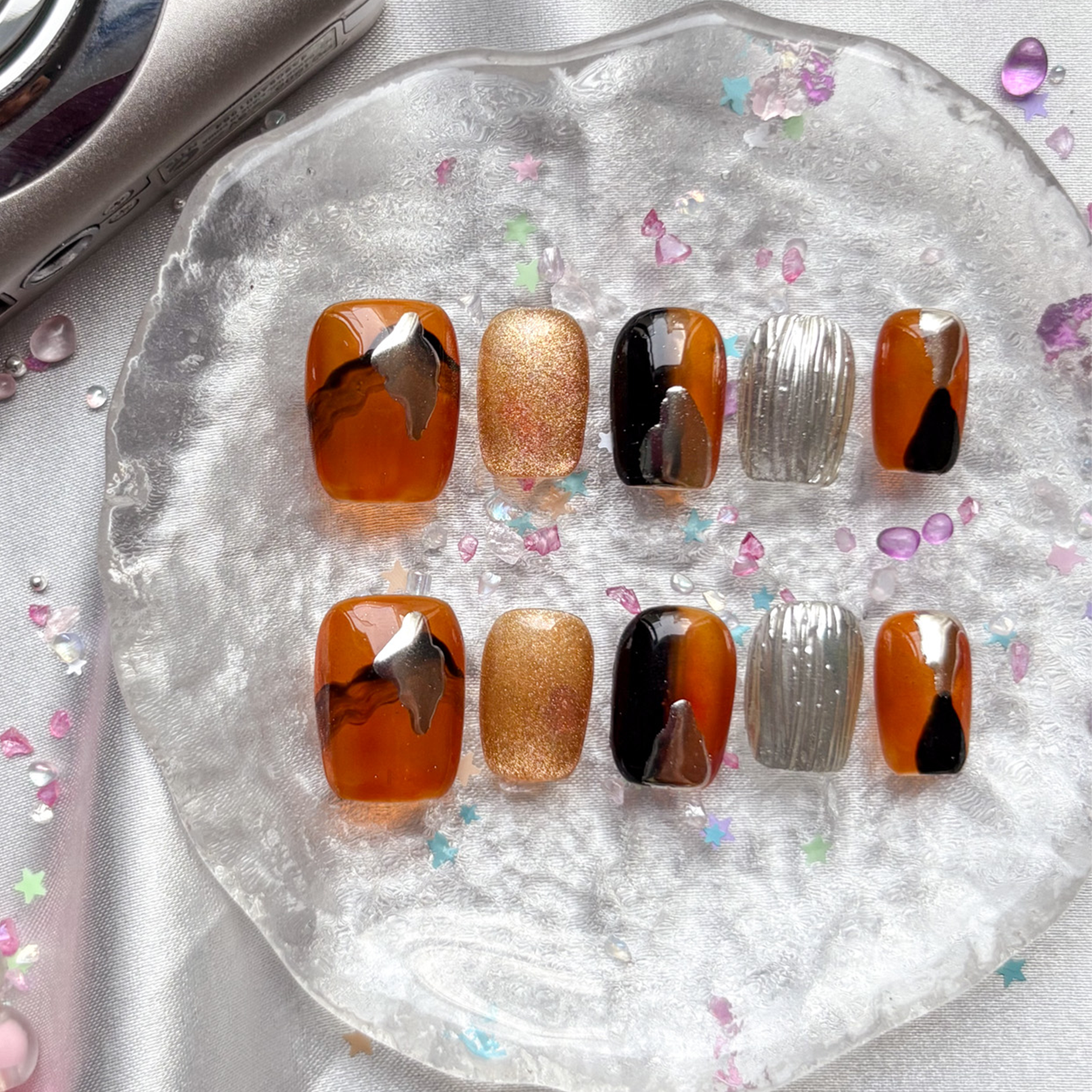 Personalized Brown & Amber Gold Glitter Press On Nails | Chrome & Textured Accents | Short Square Handmade Nail Set