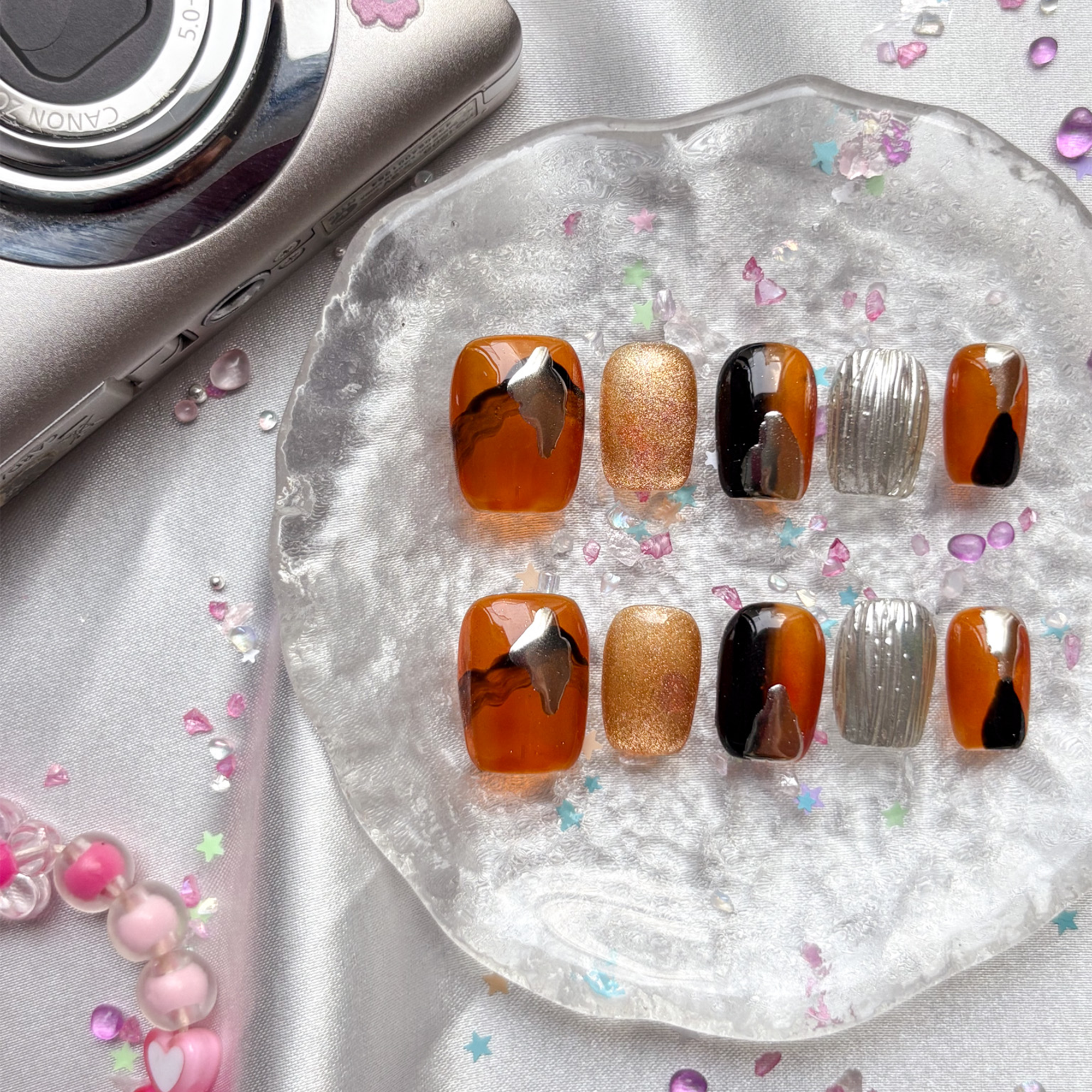 Personalized Brown & Amber Gold Glitter Press On Nails | Chrome & Textured Accents | Short Square Handmade Nail Set