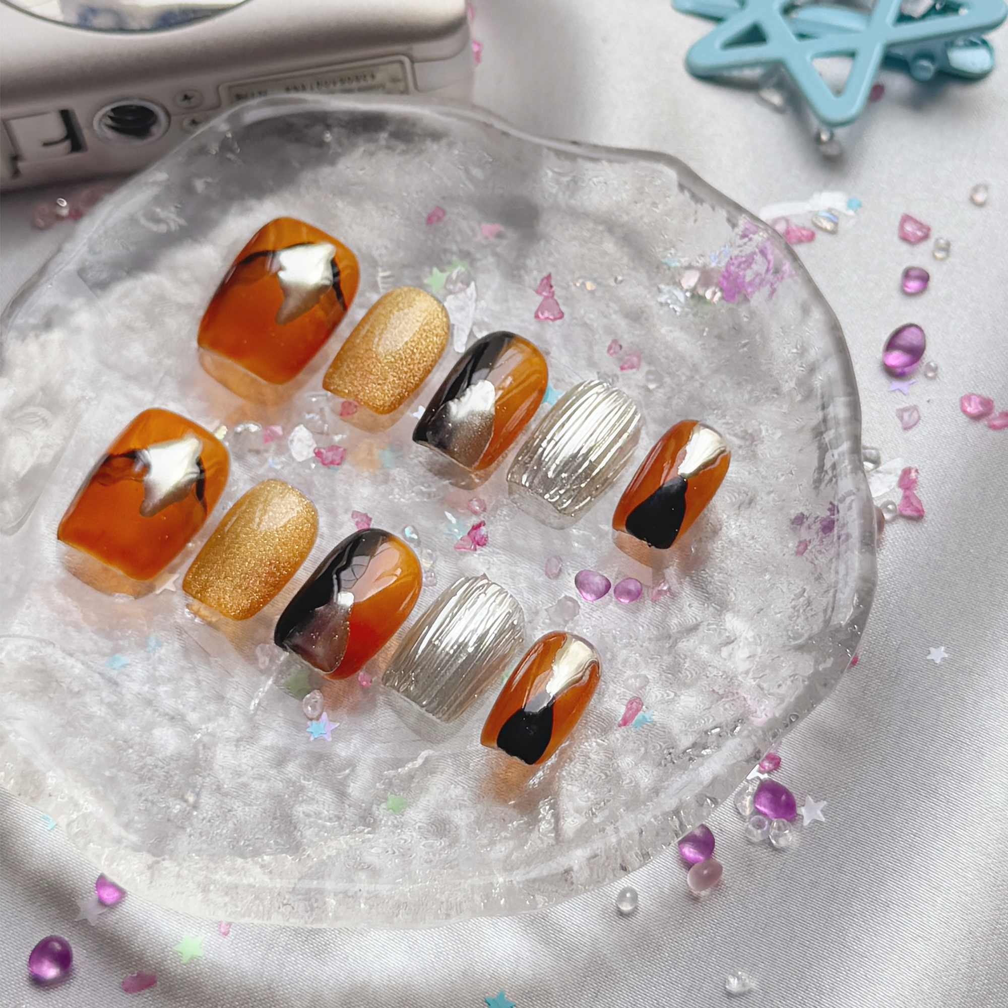 Personalized Brown & Amber Gold Glitter Press On Nails | Chrome & Textured Accents | Short Square Handmade Nail Set