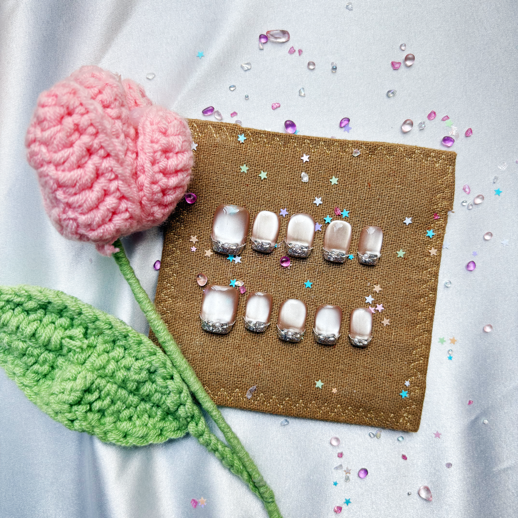 Custom Press-On Nails – Personalized French Tip with Glitter Cat Eye & Rhinestone Accents | Wynzy Pops Nails