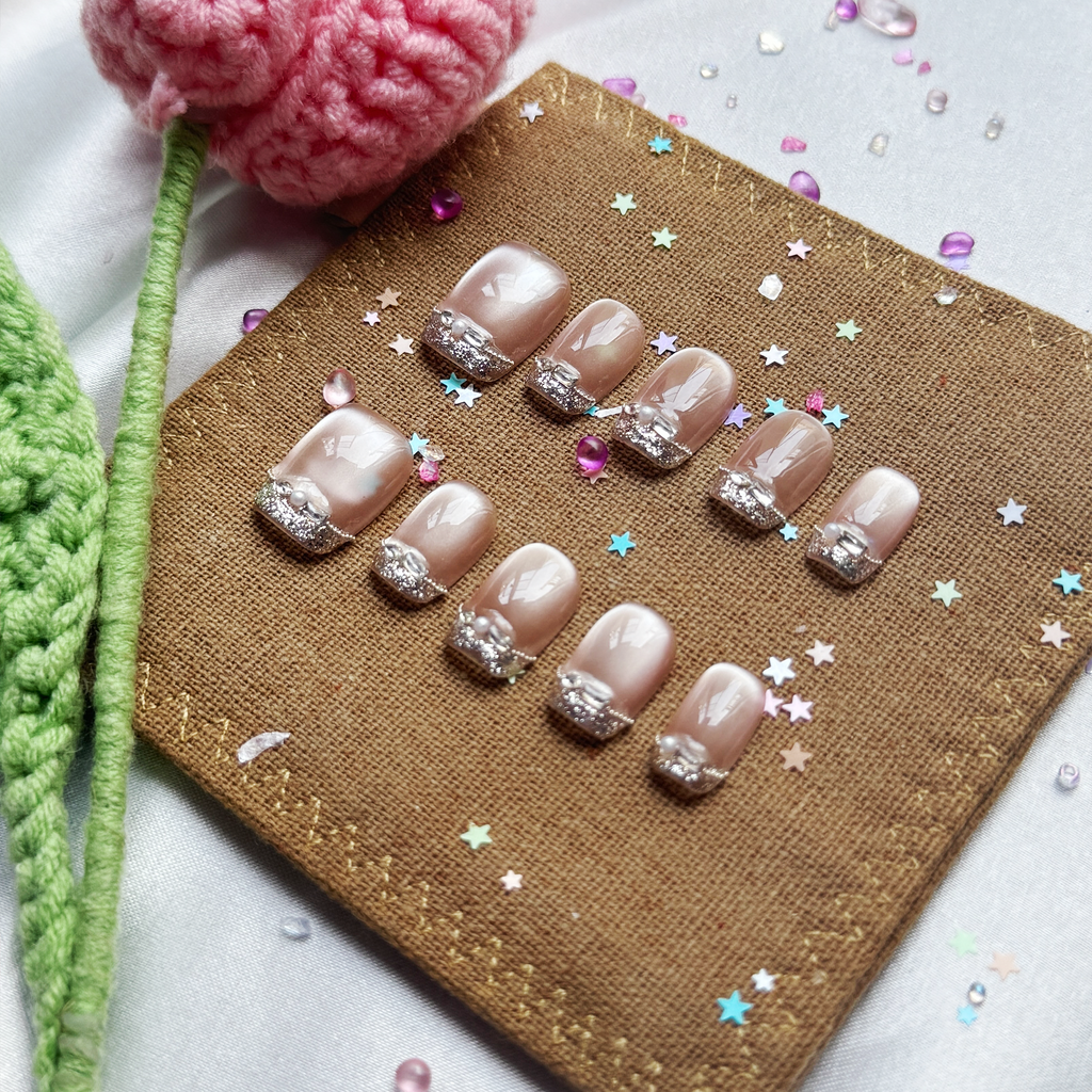 Custom Press-On Nails – Personalized French Tip with Glitter Cat Eye & Rhinestone Accents | Wynzy Pops Nails