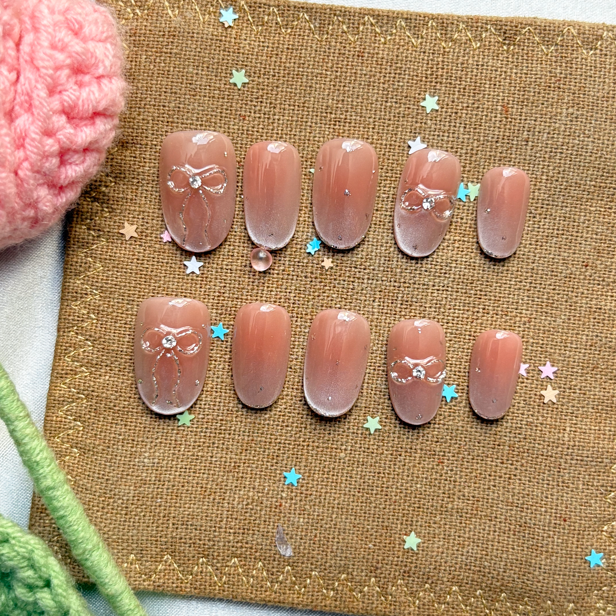 Custom Press-On Nails – Pink Ombré with Rhinestone Bow Accents | Glossy Square Girly Glam | Wynzy Pops Nails