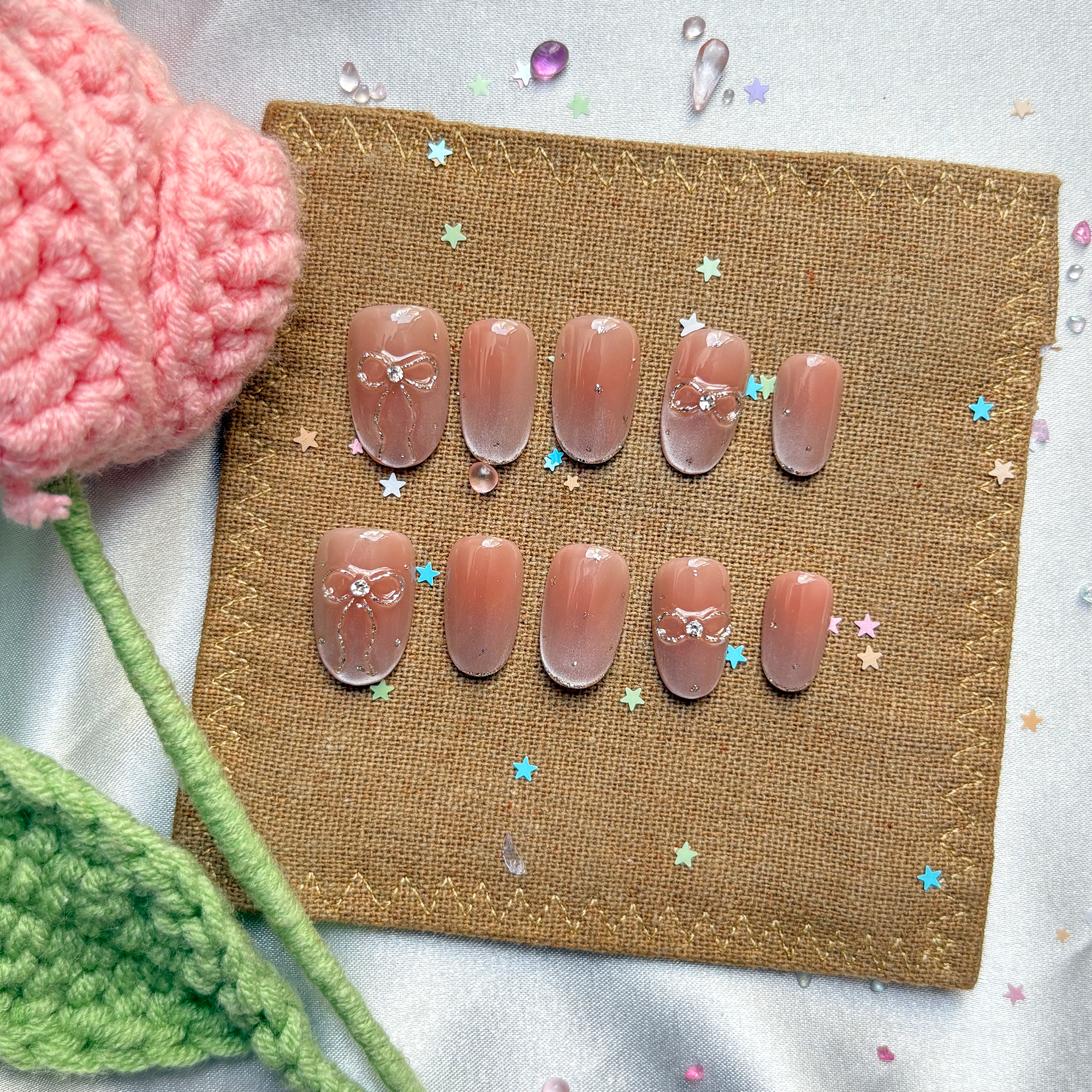 Custom Press-On Nails – Pink Ombré with Rhinestone Bow Accents | Glossy Square Girly Glam | Wynzy Pops Nails