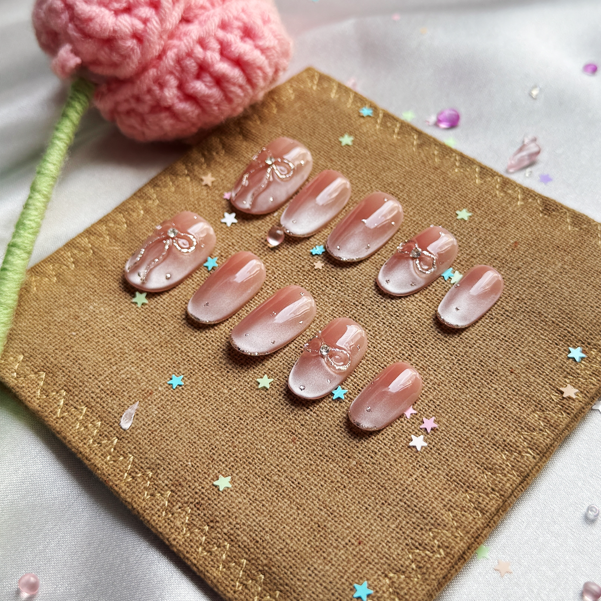 Custom Press-On Nails – Pink Ombré with Rhinestone Bow Accents | Glossy Square Girly Glam | Wynzy Pops Nails