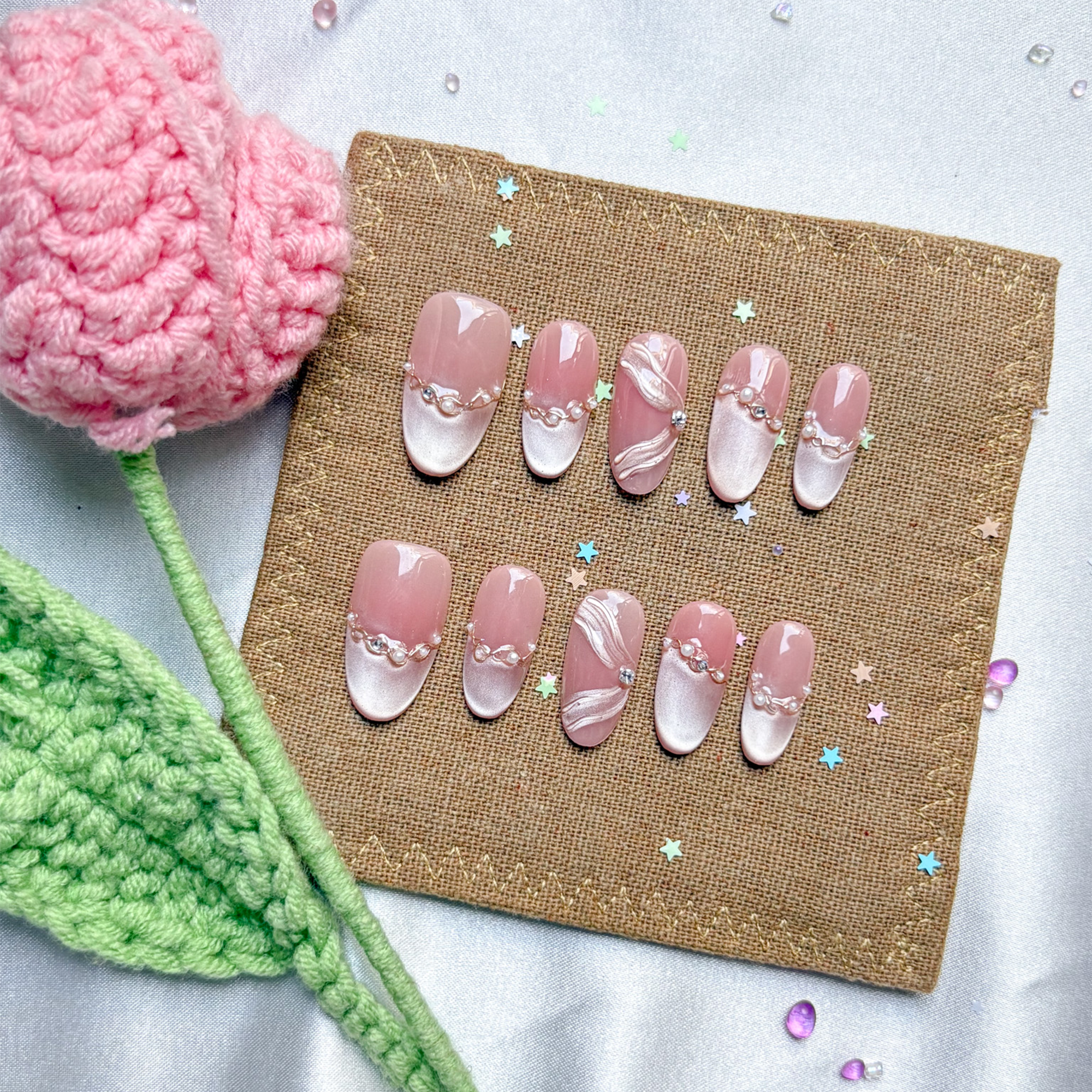 Custom Press-On Nails – Personalized Pink Ombré Cat Eye with 3D Ribbon & Rhinestone Accents | Wynzy Pops Nails
