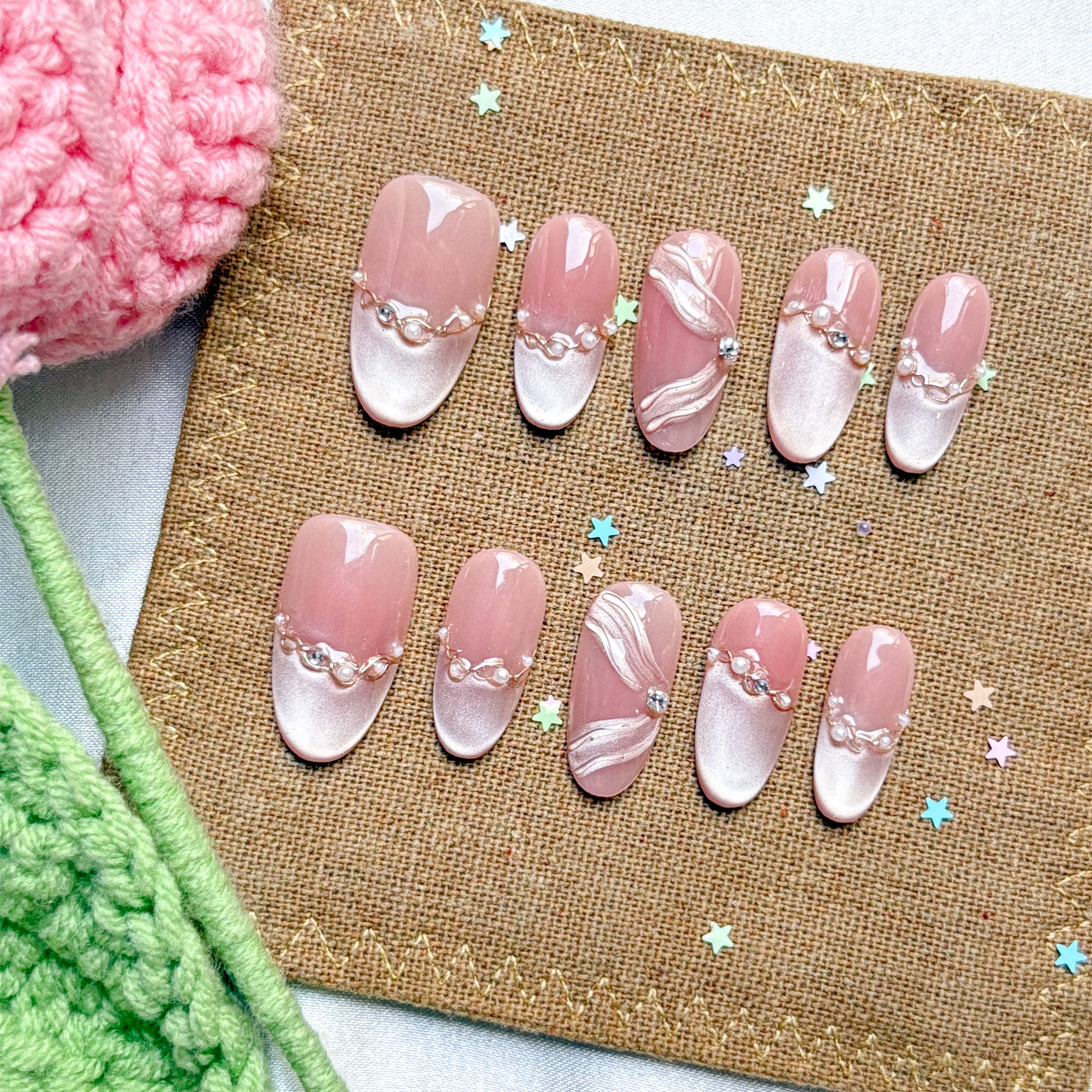 Custom Press-On Nails – Personalized Pink Ombré Cat Eye with 3D Ribbon & Rhinestone Accents | Wynzy Pops Nails