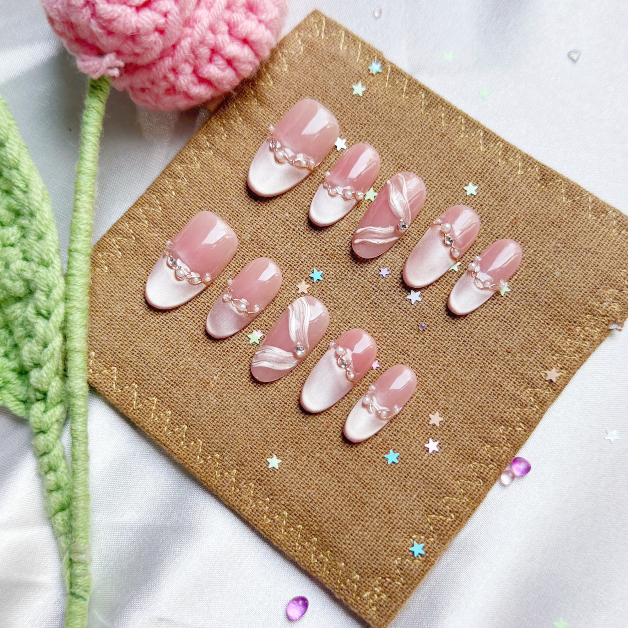Custom Press-On Nails – Personalized Pink Ombré Cat Eye with 3D Ribbon & Rhinestone Accents | Wynzy Pops Nails