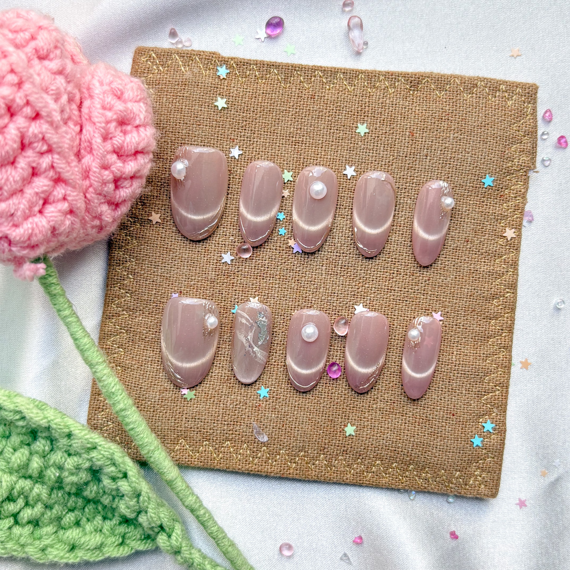 Custom Press-On Nails – Nude Cat Eye with Pearl Charms & Gold Foil Accents | Minimalist Luxury Nail Set | Wynzy Pops Nails