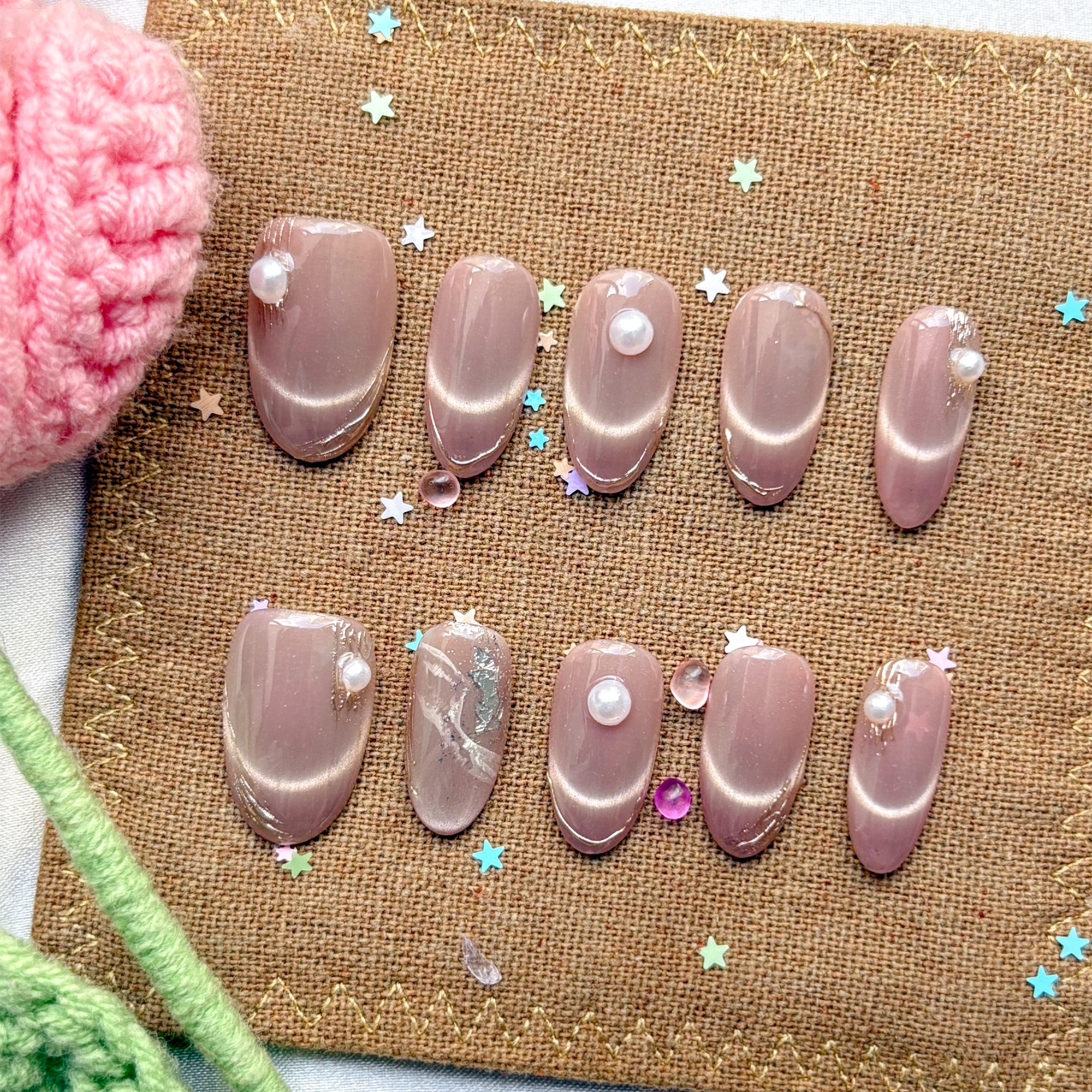 Custom Press-On Nails – Nude Cat Eye with Pearl Charms & Gold Foil Accents | Minimalist Luxury Nail Set | Wynzy Pops Nails