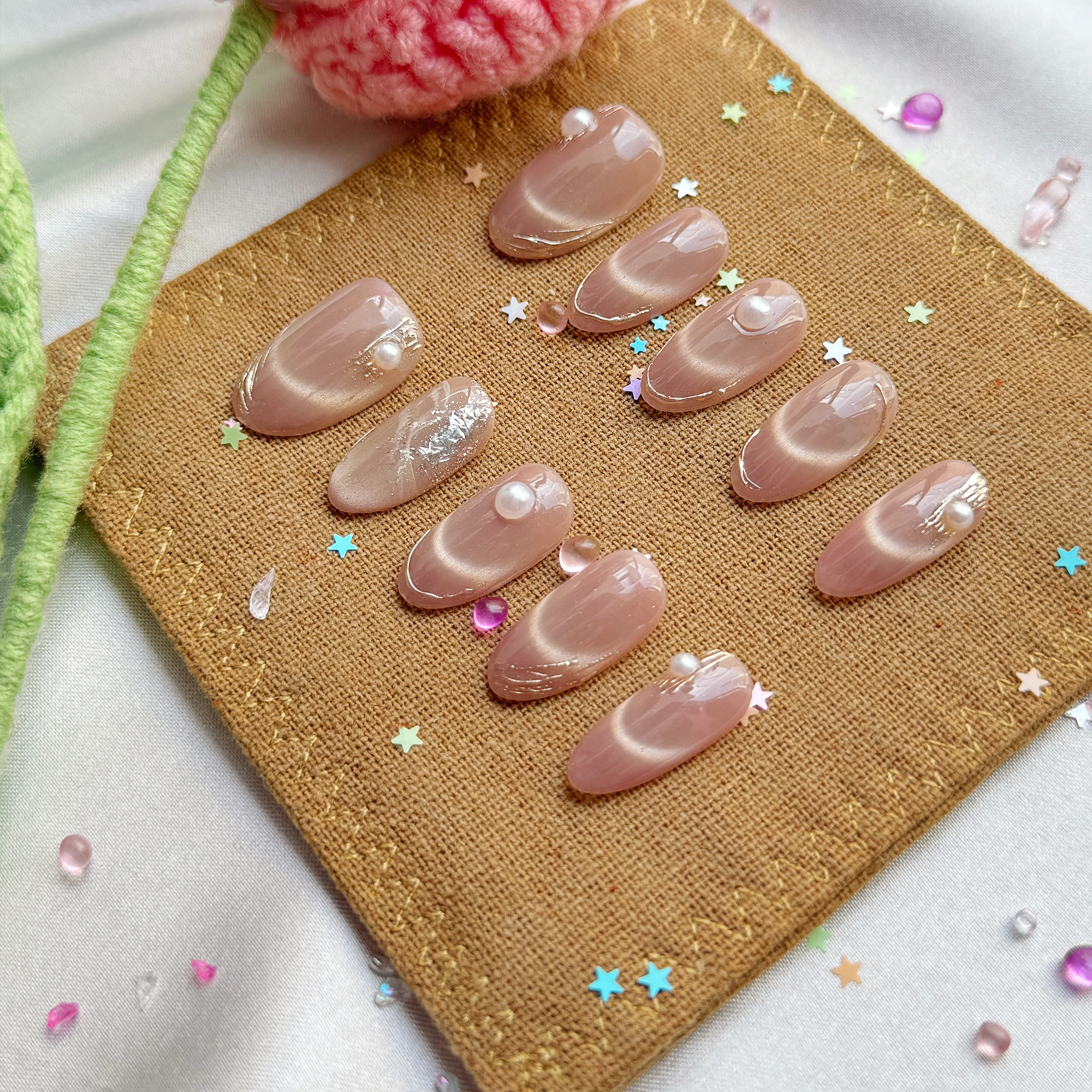 Custom Press-On Nails – Nude Cat Eye with Pearl Charms & Gold Foil Accents | Minimalist Luxury Nail Set | Wynzy Pops Nails