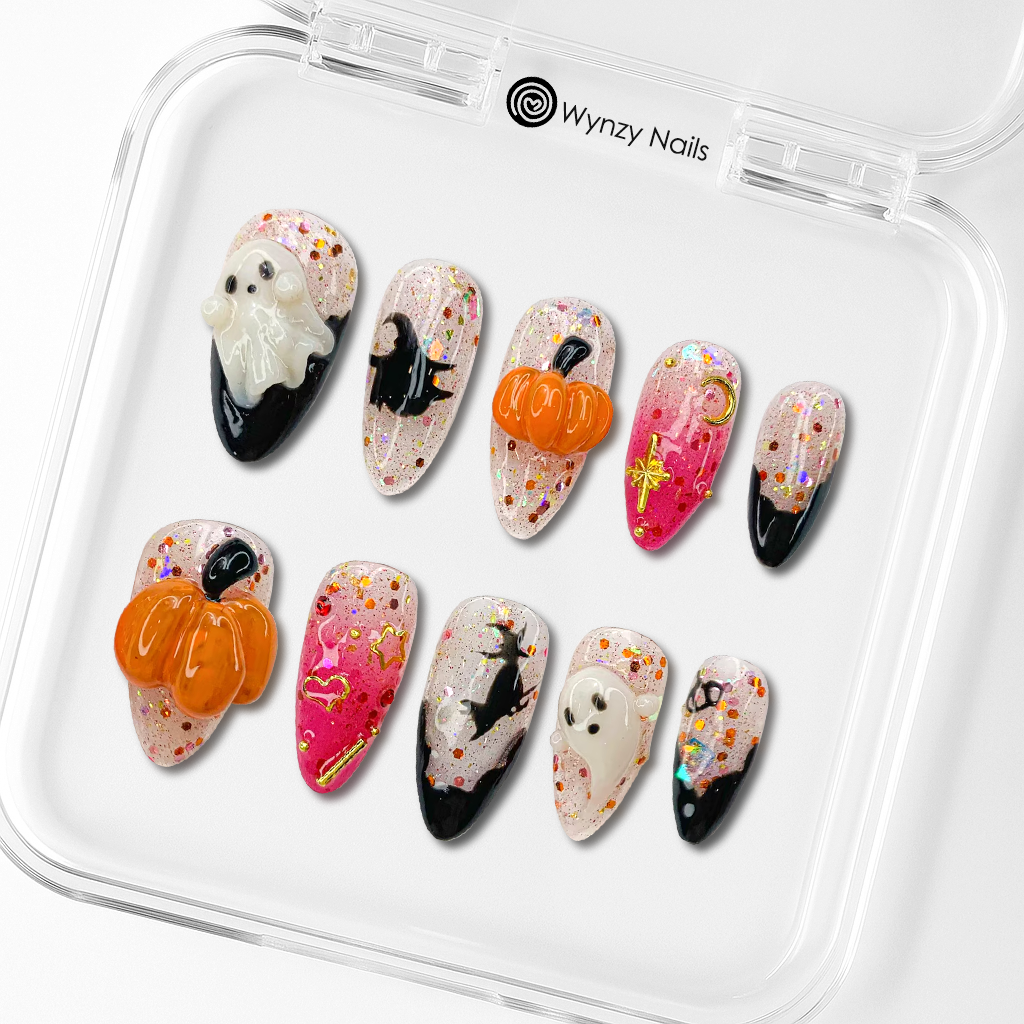 Custom 3D Halloween Press-On Nails – Ghosts, Pumpkins & Witch Magic | Wynzy Pops™