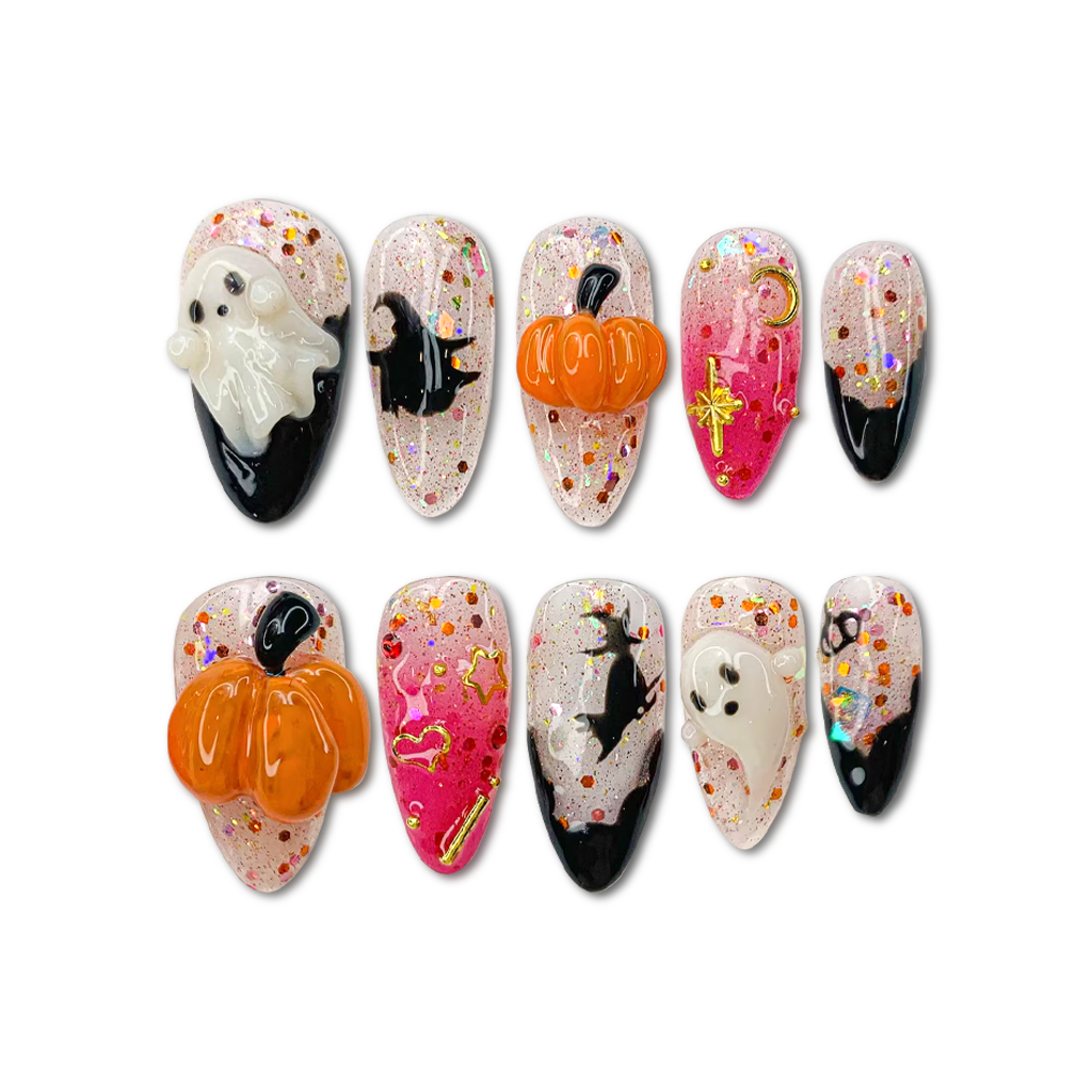 Custom 3D Halloween Press-On Nails – Ghosts, Pumpkins & Witch Magic | Wynzy Pops™