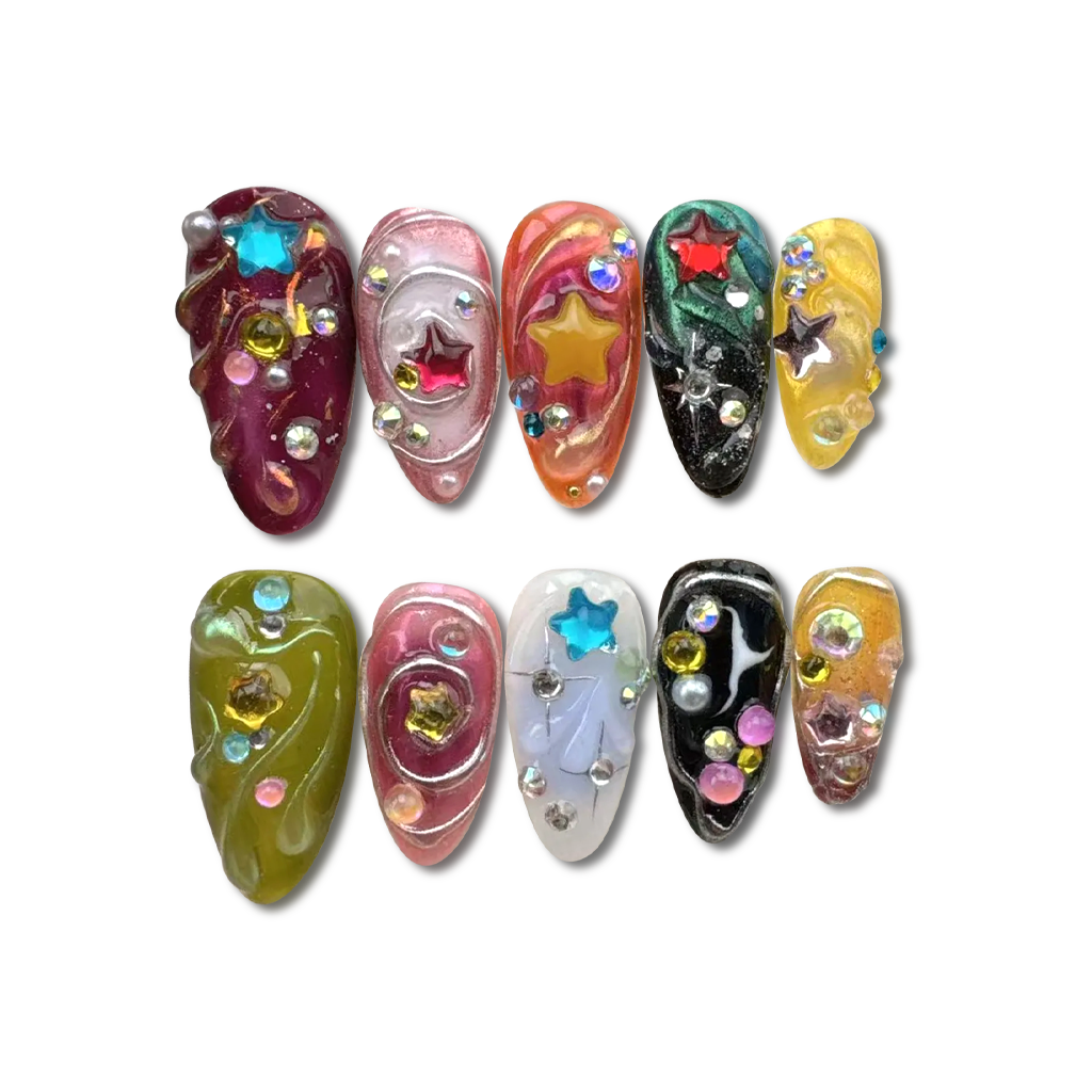 Custom Star Press-On Nails – Jelly Gel Kawaii Galaxy Nail Art