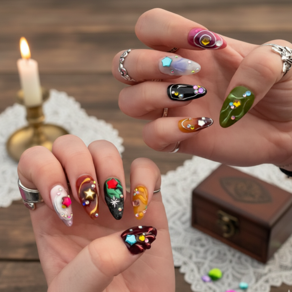 Custom Star Press-On Nails – Jelly Gel Kawaii Galaxy Nail Art