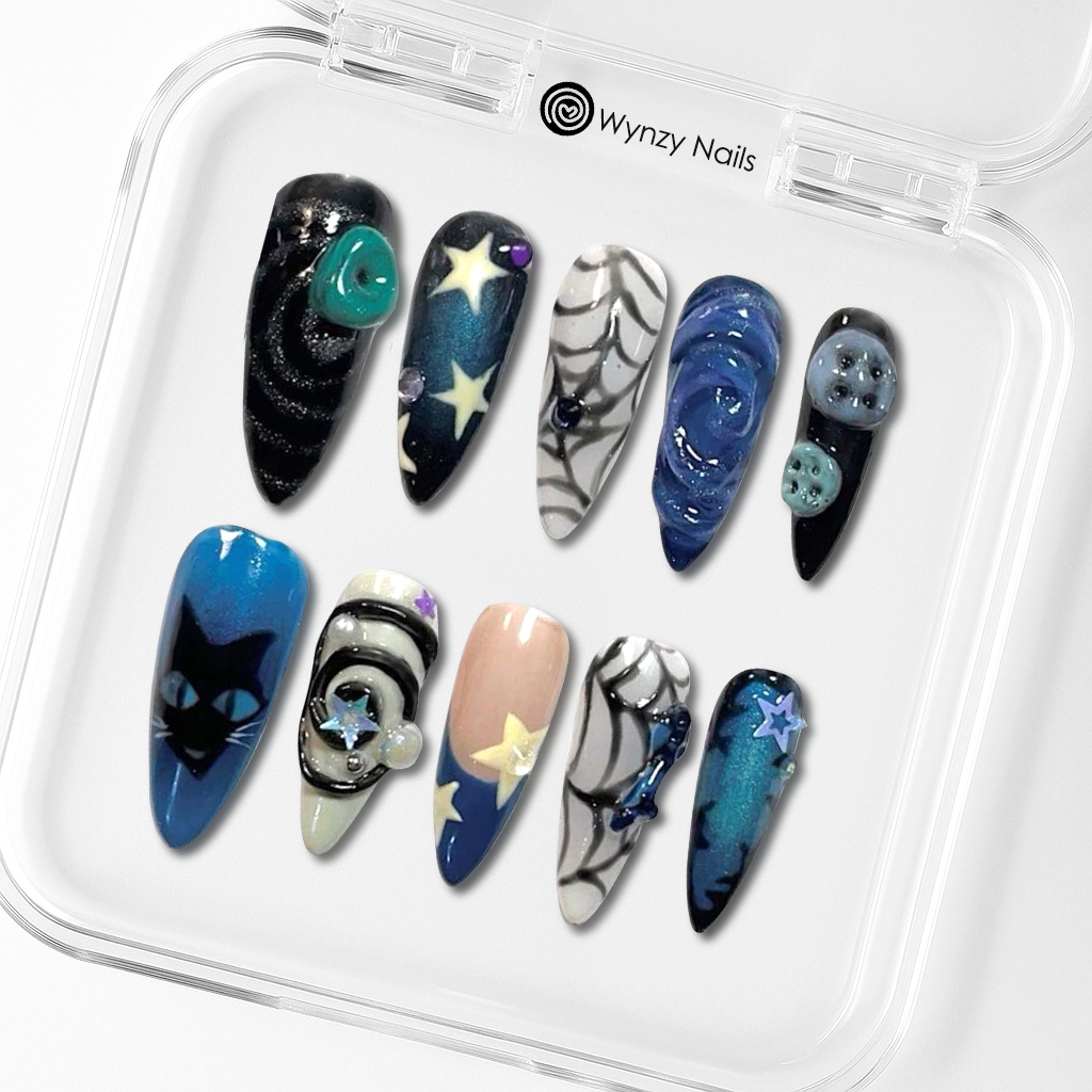 Custom Coraline Galaxy Press-On Nails – 3D Button & Spooky Cartoon Nail Art
