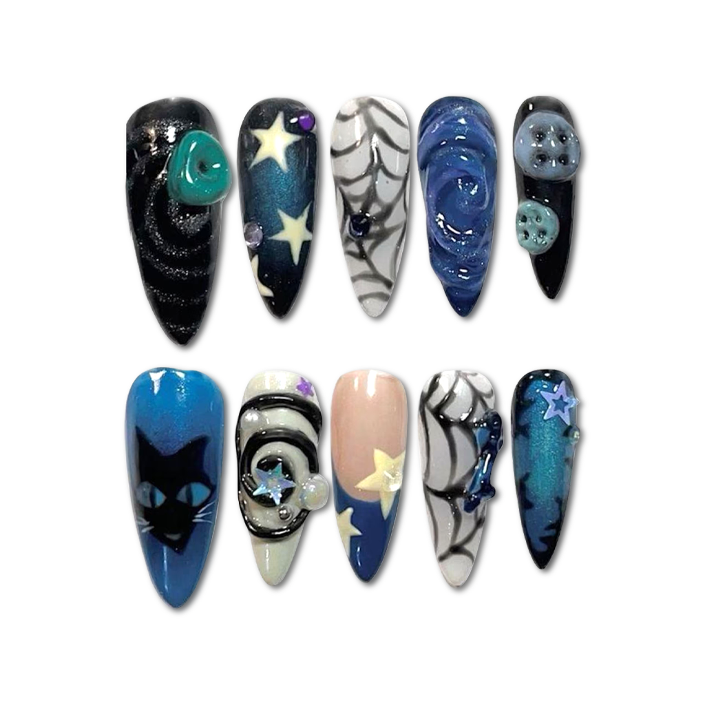 Custom Coraline Galaxy Press-On Nails – 3D Button & Spooky Cartoon Nail Art