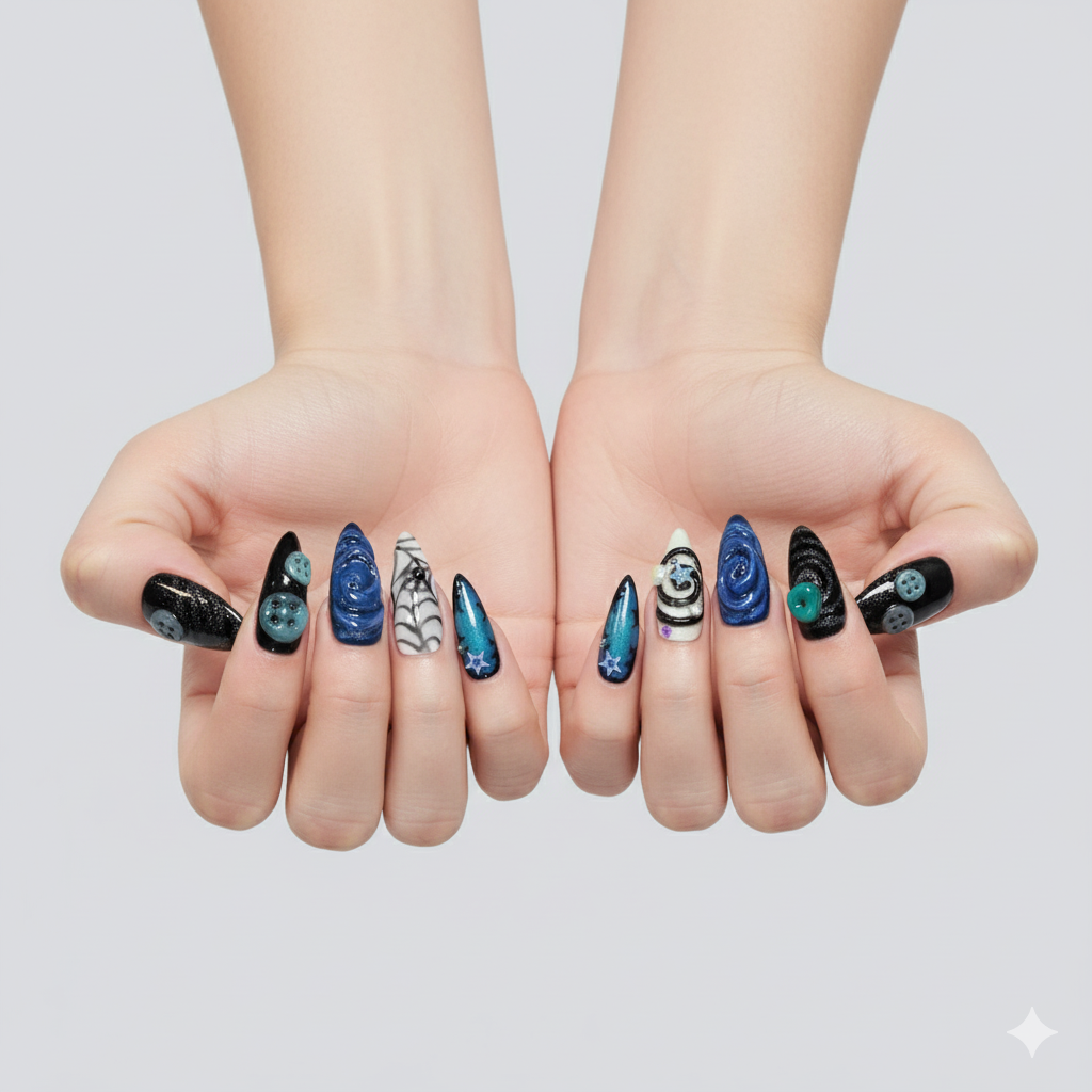 Custom Coraline Galaxy Press-On Nails – 3D Button & Spooky Cartoon Nail Art