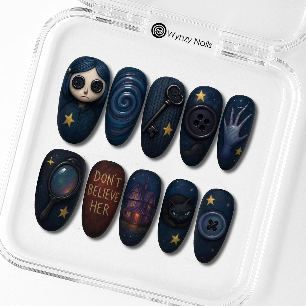 Custom Coraline Press-On Nails – Button Eye & Other Mother Nail Art | Wynzy Pops Nails™