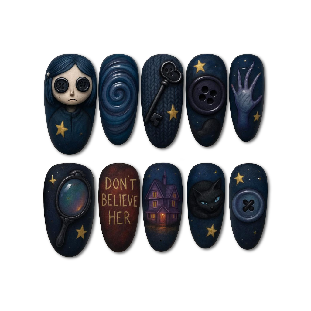 Custom Coraline Press-On Nails – Button Eye & Other Mother Nail Art | Wynzy Pops Nails™