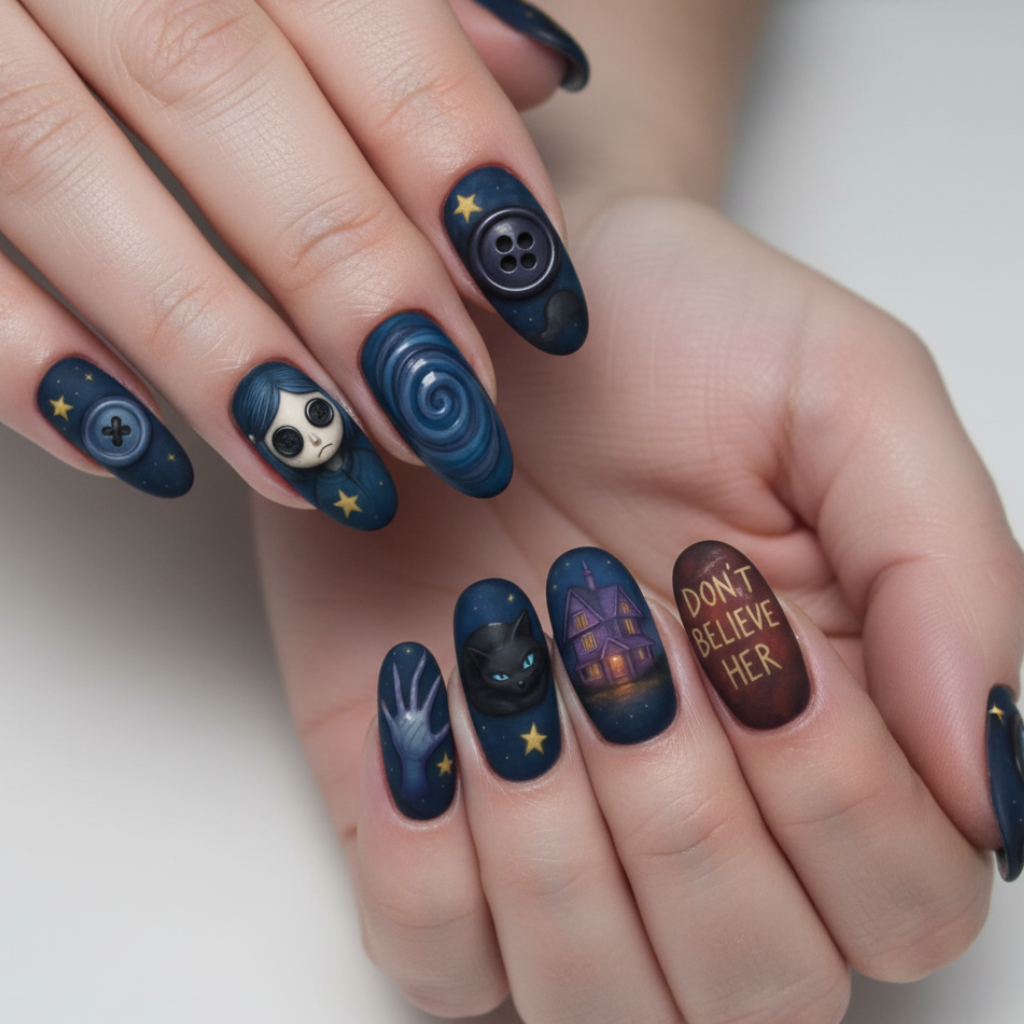 Custom Coraline Press-On Nails – Button Eye & Other Mother Nail Art | Wynzy Pops Nails™