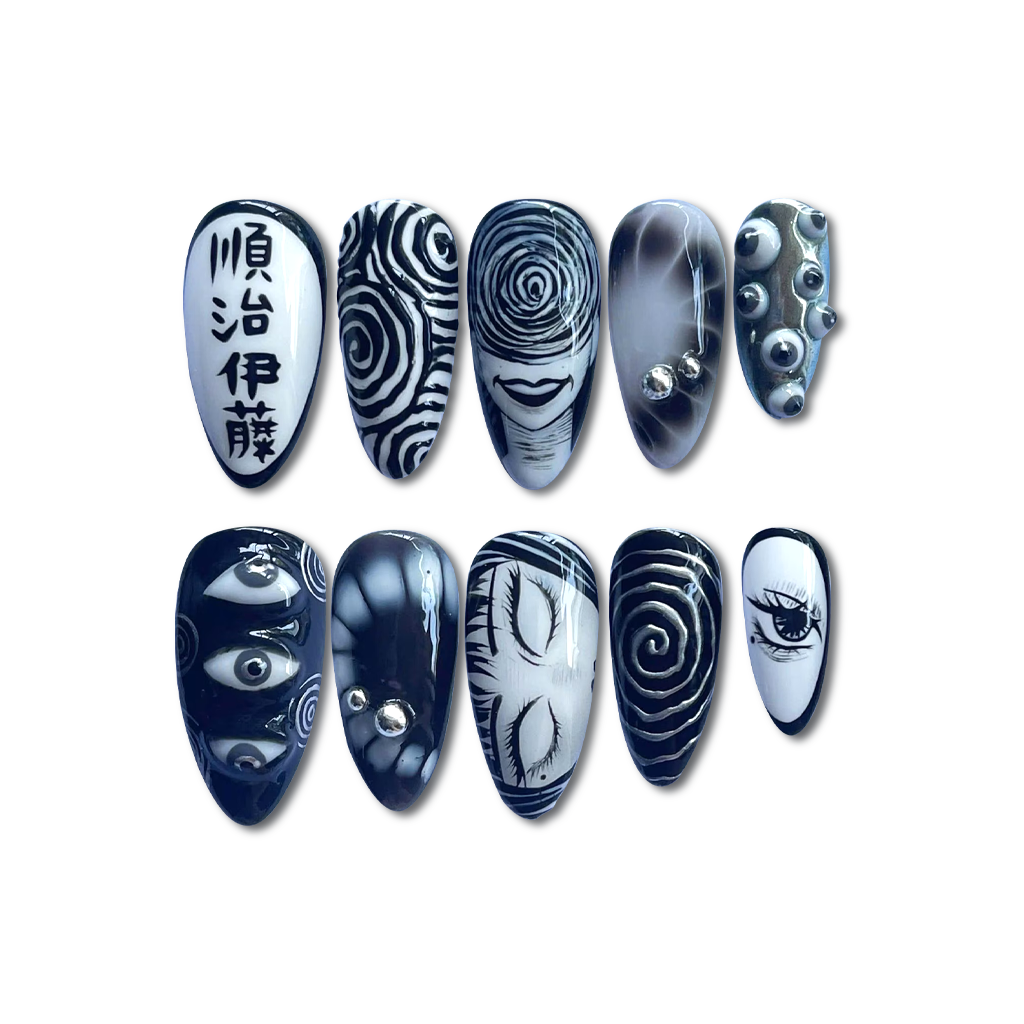 Custom Uzumaki Horror Press-On Nails – Spiral Manga Gothic Nail Art | Wynzy Pops Nails™