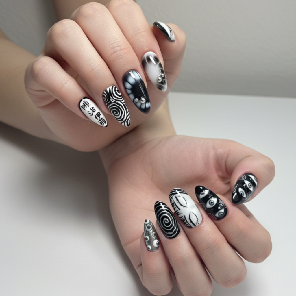 Custom Uzumaki Horror Press-On Nails – Spiral Manga Gothic Nail Art | Wynzy Pops Nails™