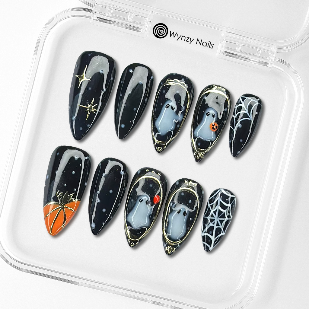 Custom Halloween Press-On Nails – Ghost, Pumpkin & Gold Web Nail Art | Wynzy Pops Nails™