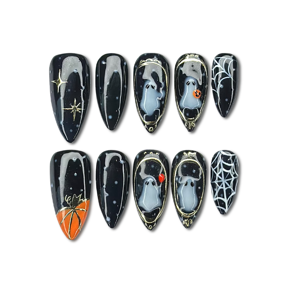 Custom Halloween Press-On Nails – Ghost, Pumpkin & Gold Web Nail Art | Wynzy Pops Nails™
