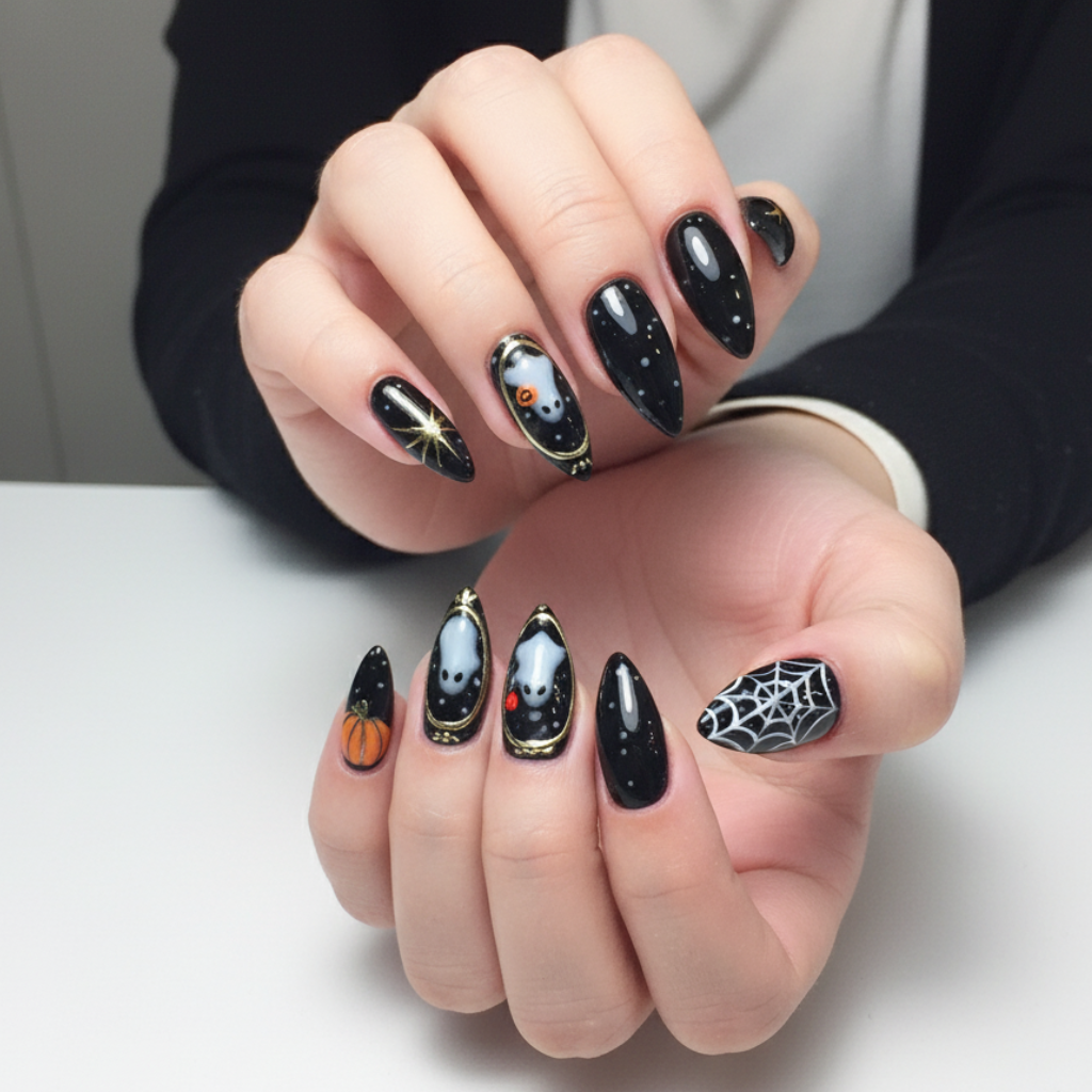 Custom Halloween Press-On Nails – Ghost, Pumpkin & Gold Web Nail Art | Wynzy Pops Nails™