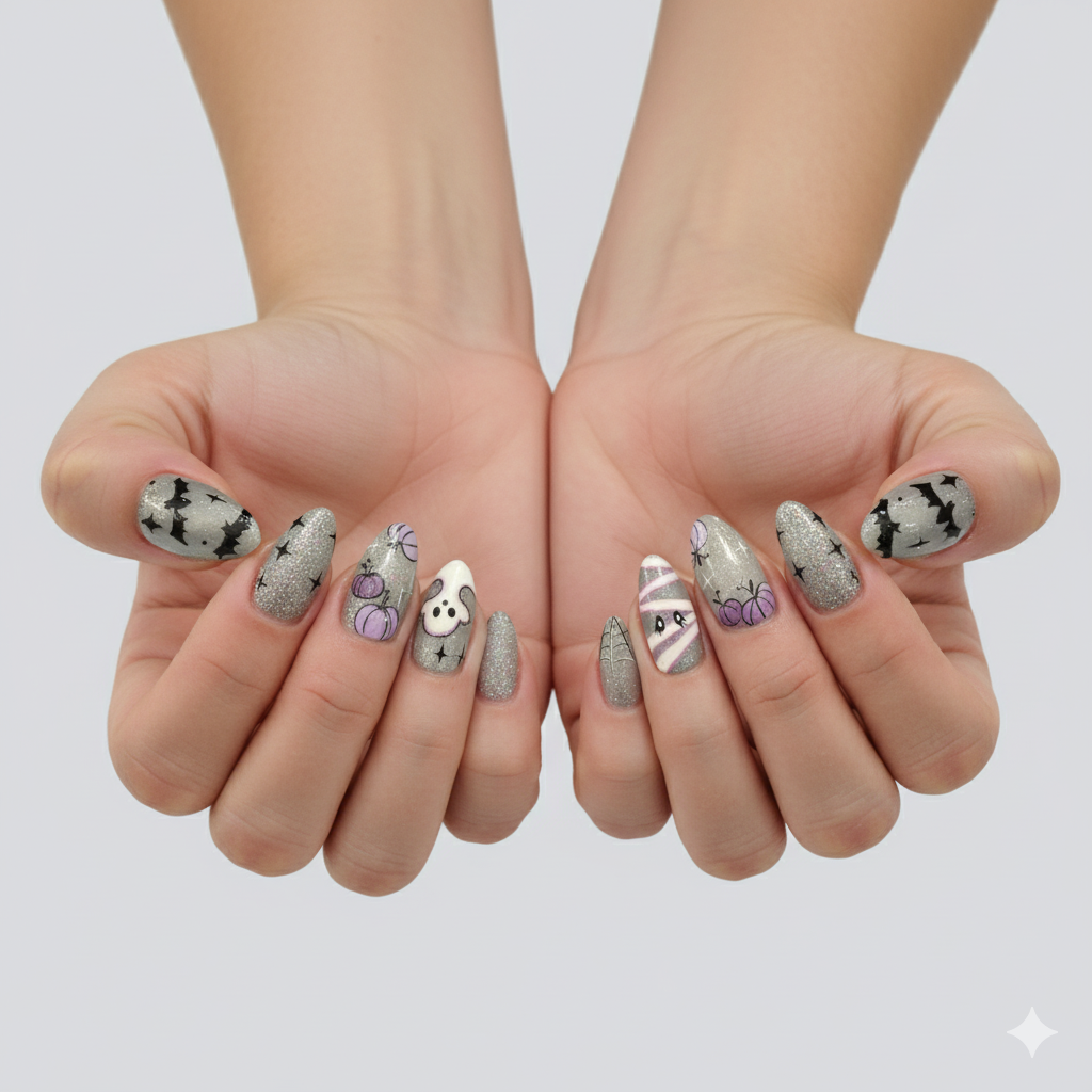 Custom Halloween Press-On Nails – Kawaii Ghost & Pumpkin Nail Art | Wynzy Pops Nails™