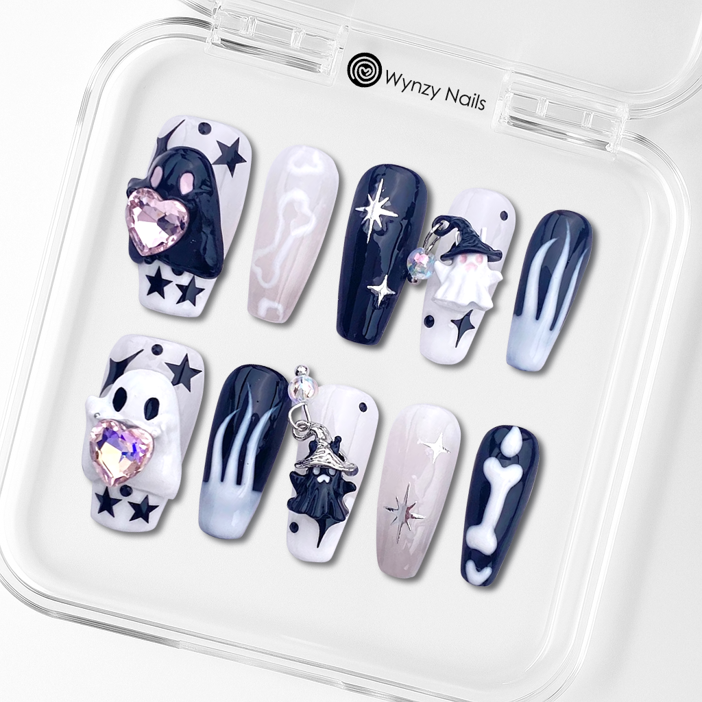 Custom 3D Halloween Press-On Nails – Ghost Charms & Gothic Coffin