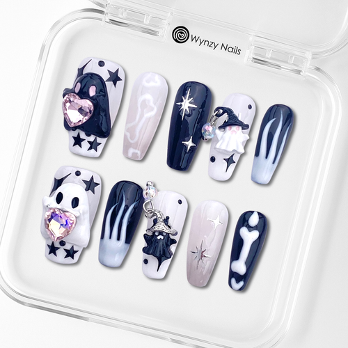 Custom 3D Halloween Press-On Nails – Ghost Charms & Gothic Coffin