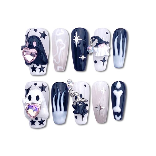 Custom 3D Halloween Press-On Nails – Ghost Charms & Gothic Coffin
