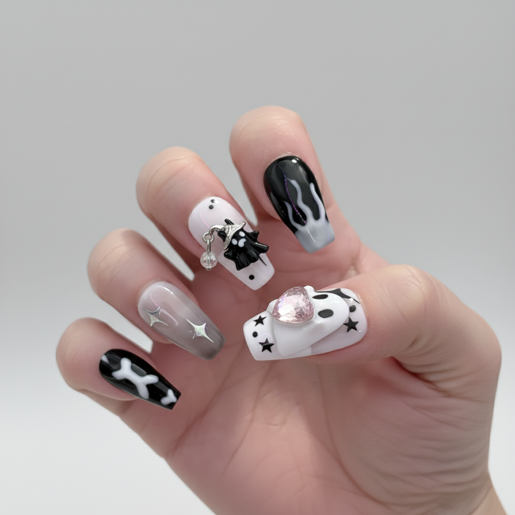Custom 3D Halloween Press-On Nails – Ghost Charms & Gothic Coffin