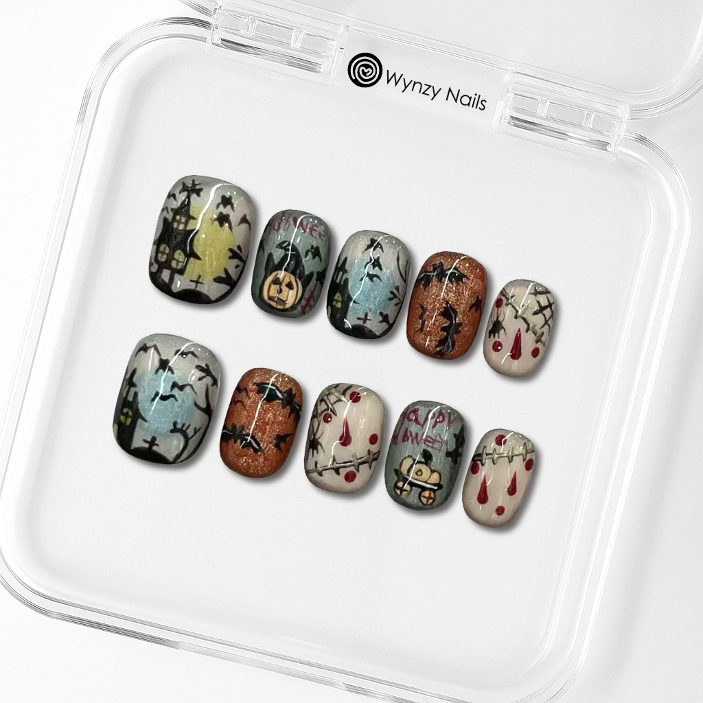 Custom Haunted Halloween Press-On Nails – Spooky Graveyard & Blood Drip Nail Art | Wynzy Pops™
