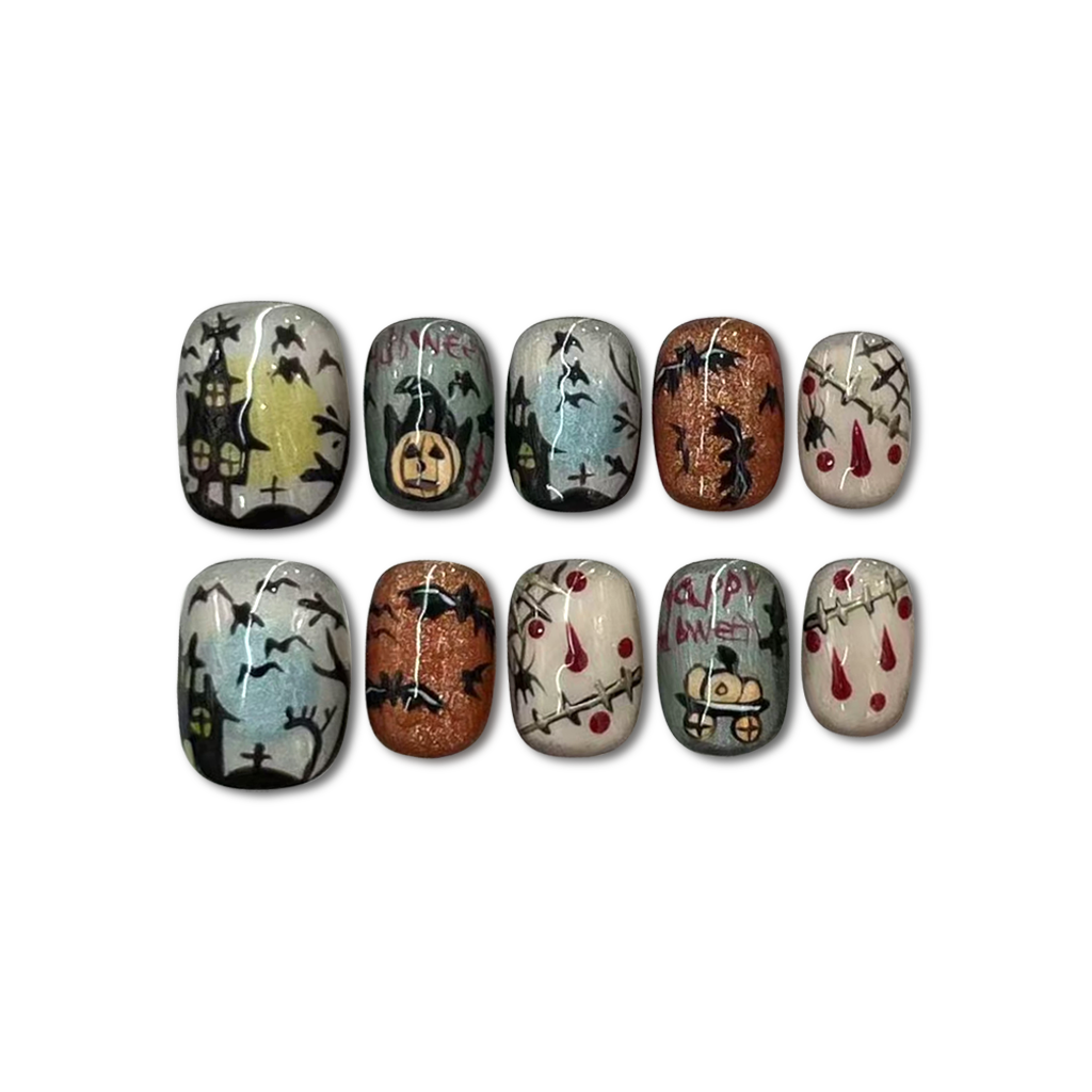 Custom Haunted Halloween Press-On Nails – Spooky Graveyard & Blood Drip Nail Art | Wynzy Pops™
