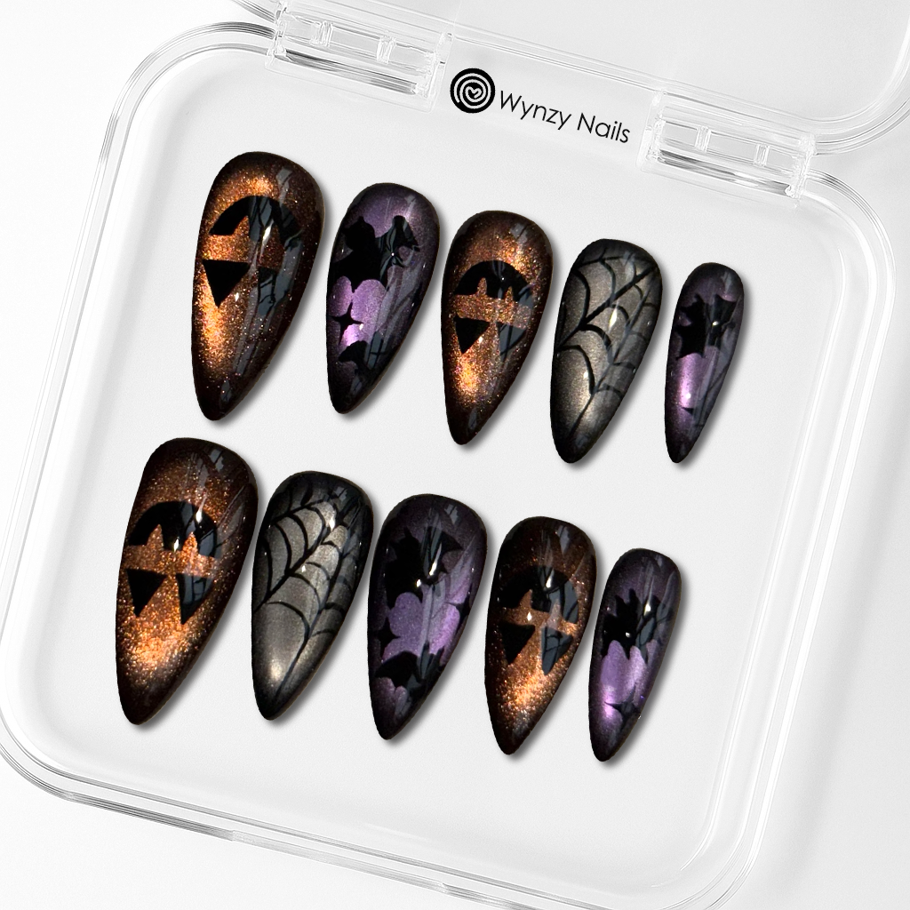 Custom Halloween Press-On Nails – Cat Eye, Pumpkin & Bat Nail Art | Wynzy Pops Nails™