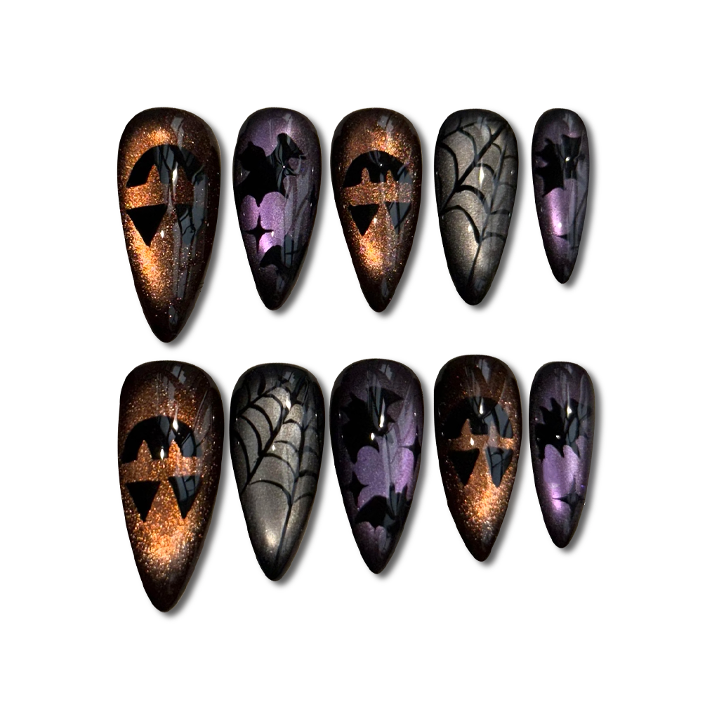 Custom Halloween Press-On Nails – Cat Eye, Pumpkin & Bat Nail Art | Wynzy Pops Nails™
