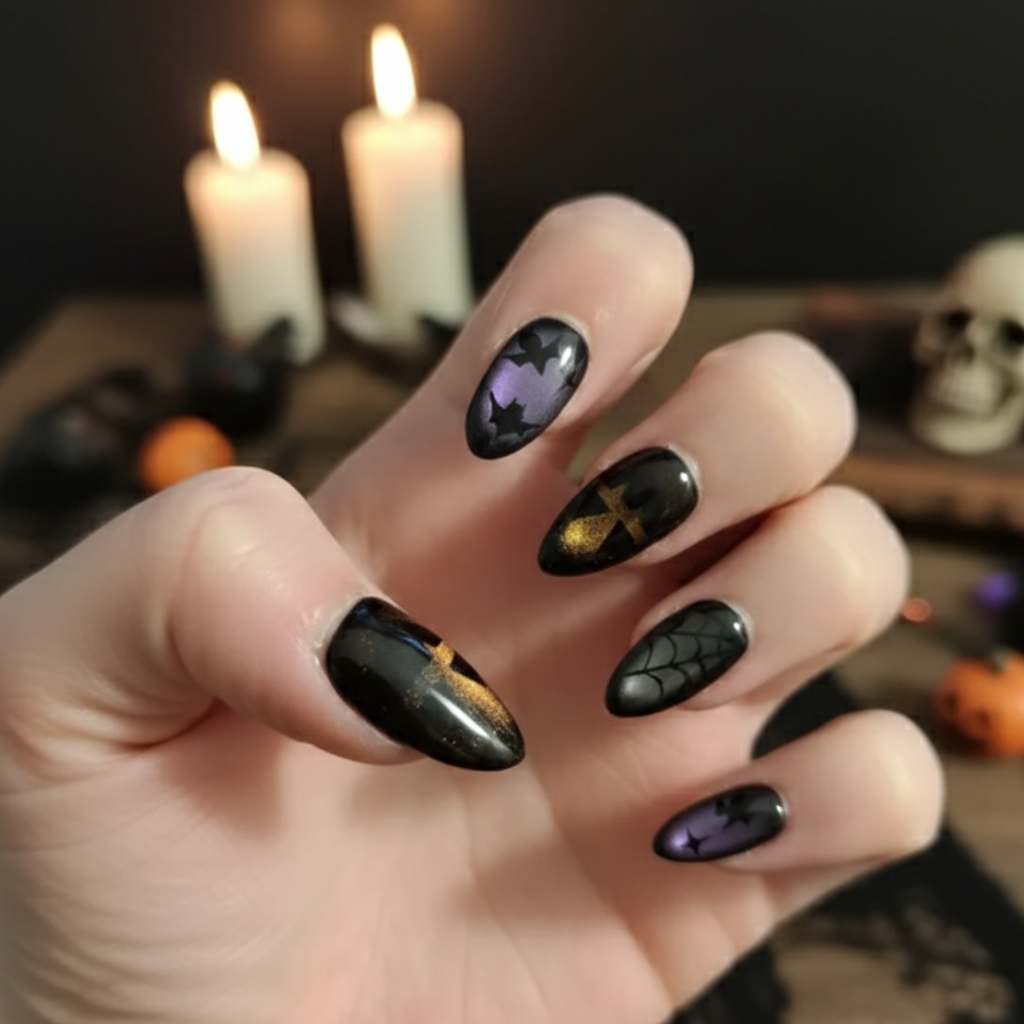 Custom Halloween Press-On Nails – Cat Eye, Pumpkin & Bat Nail Art | Wynzy Pops Nails™