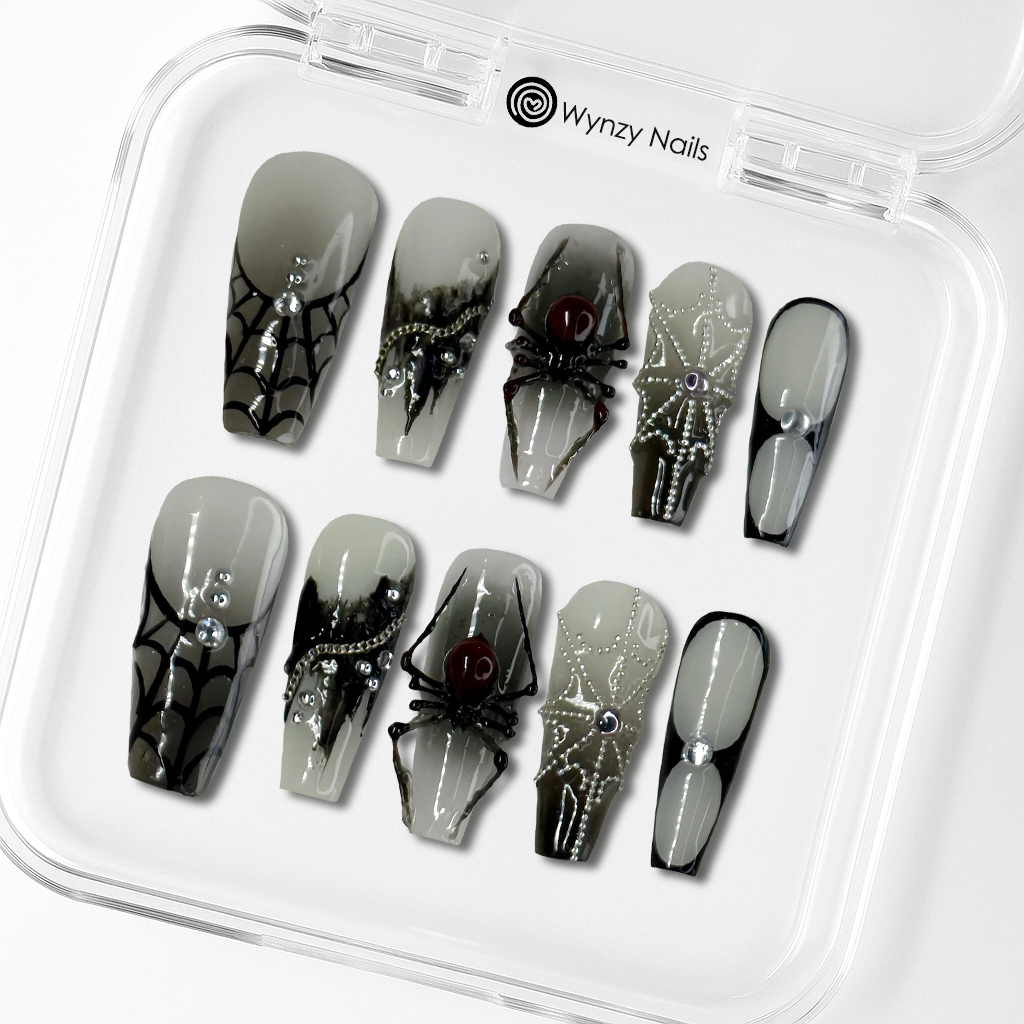 Custom Black Spider Press-On Nails – 3D Halloween Web Nail Art