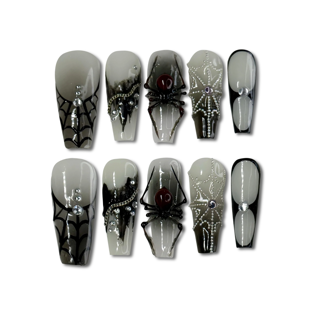 Custom Black Spider Press-On Nails – 3D Halloween Web Nail Art