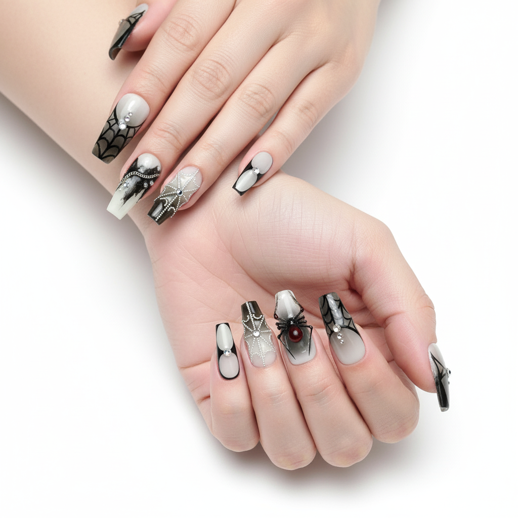 Custom Black Spider Press-On Nails – 3D Halloween Web Nail Art
