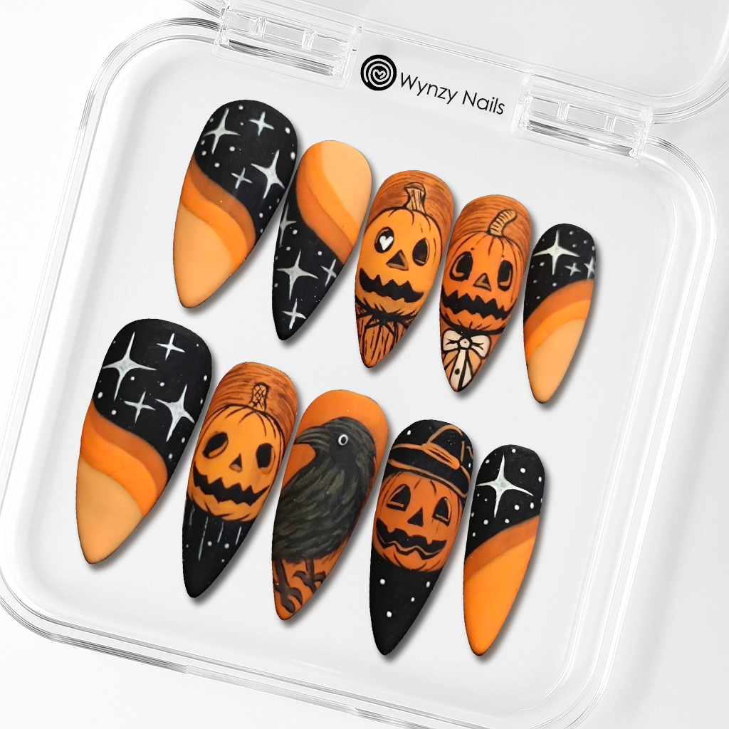 Custom Halloween Pumpkin Press-On Nails – Witchy Fall Raven Nail Art