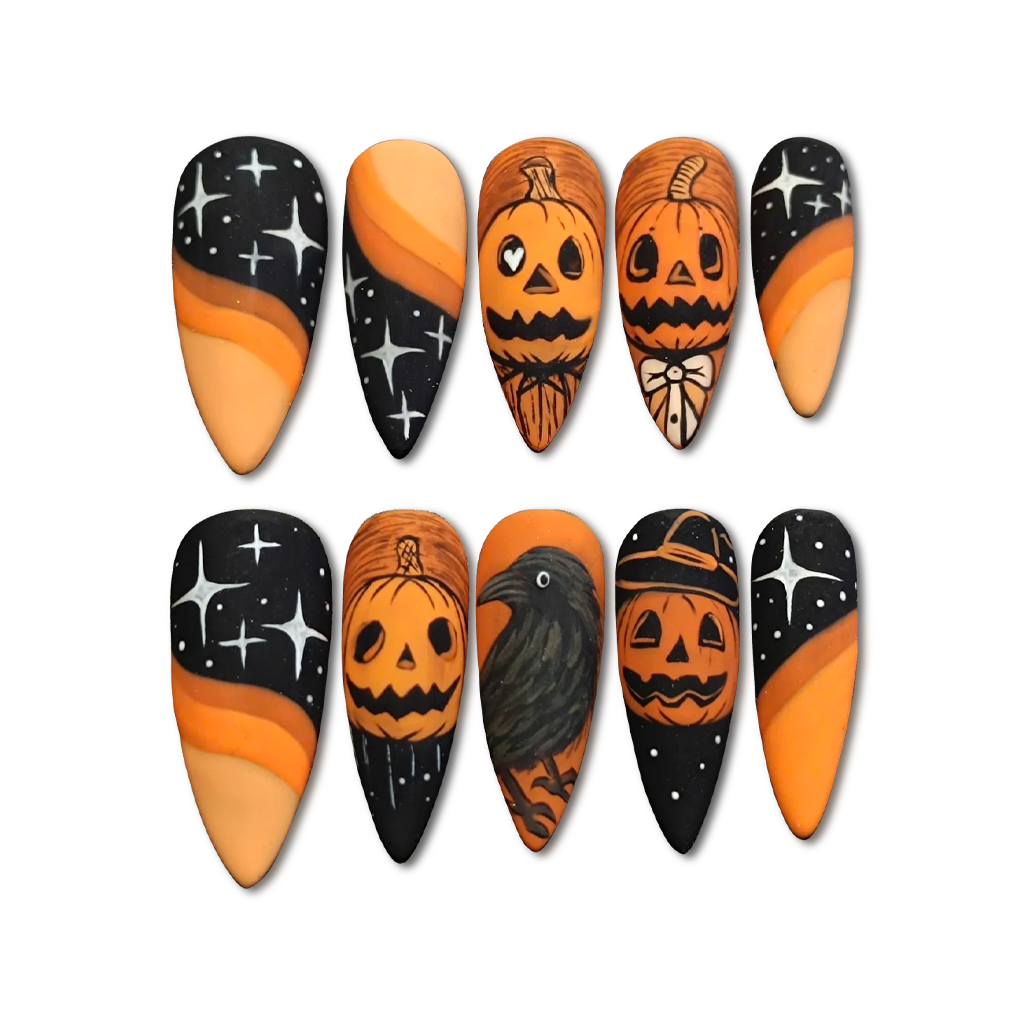 Custom Halloween Pumpkin Press-On Nails – Witchy Fall Raven Nail Art