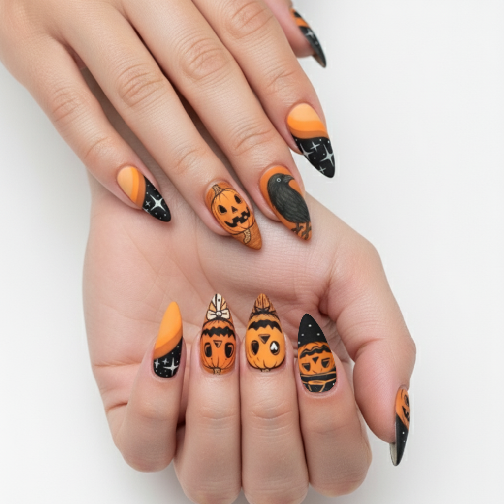 Custom Halloween Pumpkin Press-On Nails – Witchy Fall Raven Nail Art